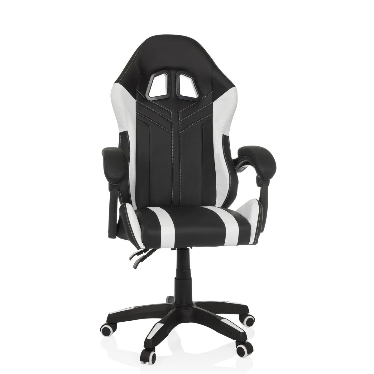 Silla gaming GAMEBREAKER W02 en blanco y negro con base de cinco ruedas de MyBuero – vista de 360° (vista frontal 15°)