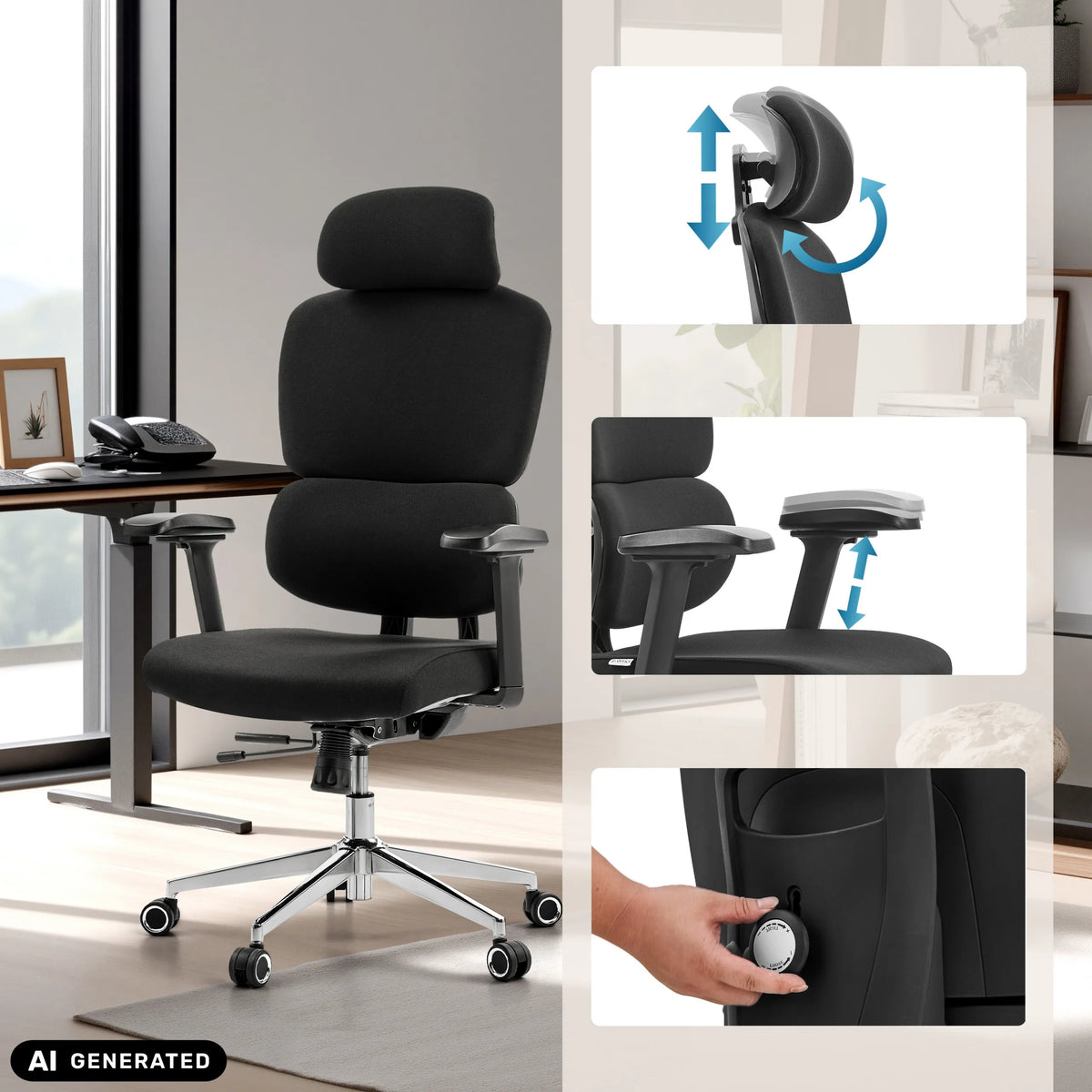 Reposacabezas ajustable, reposabrazos y rueda de ajuste de la silla de oficina profesional Ergomy F 2 de hjh OFFICE (imagen generada por IA)
