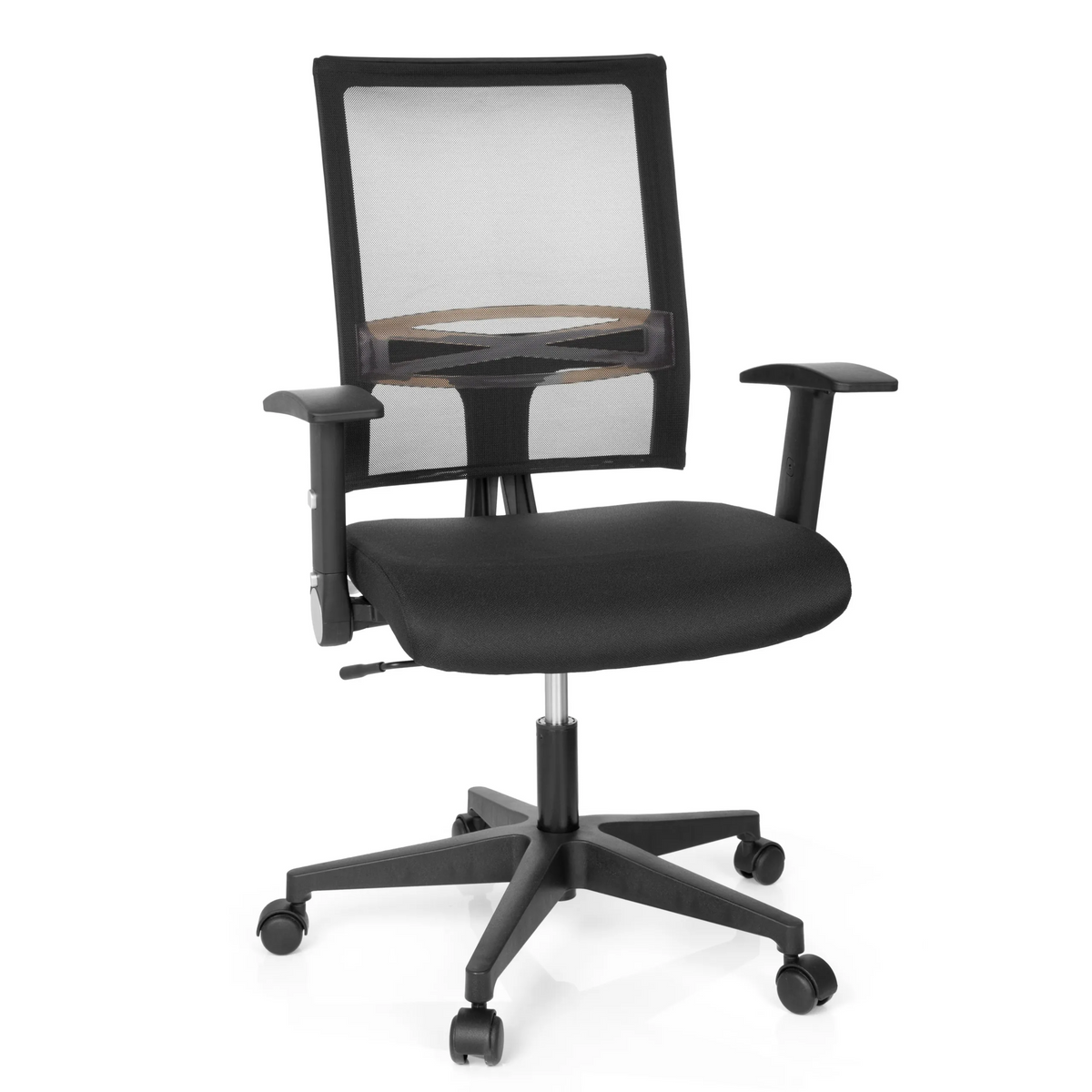 Silla Home OFFICE R8 negra con respaldo de malla y base de cinco ruedas de hjh OFFICE – vista de 360° (vista frontal 20°)
