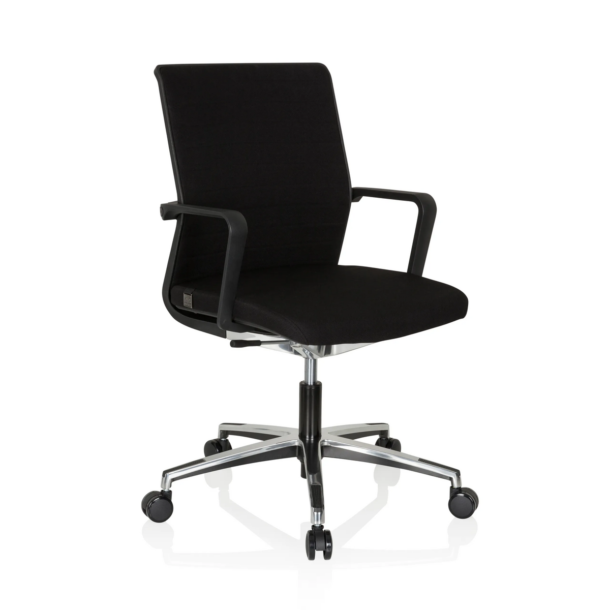 Silla de oficina profesional MOVE-TEC 3D negra con reposabrazos y base de cinco ruedas de hjh OFFICE – vista de 360° (vista frontal en diagonal 40°)