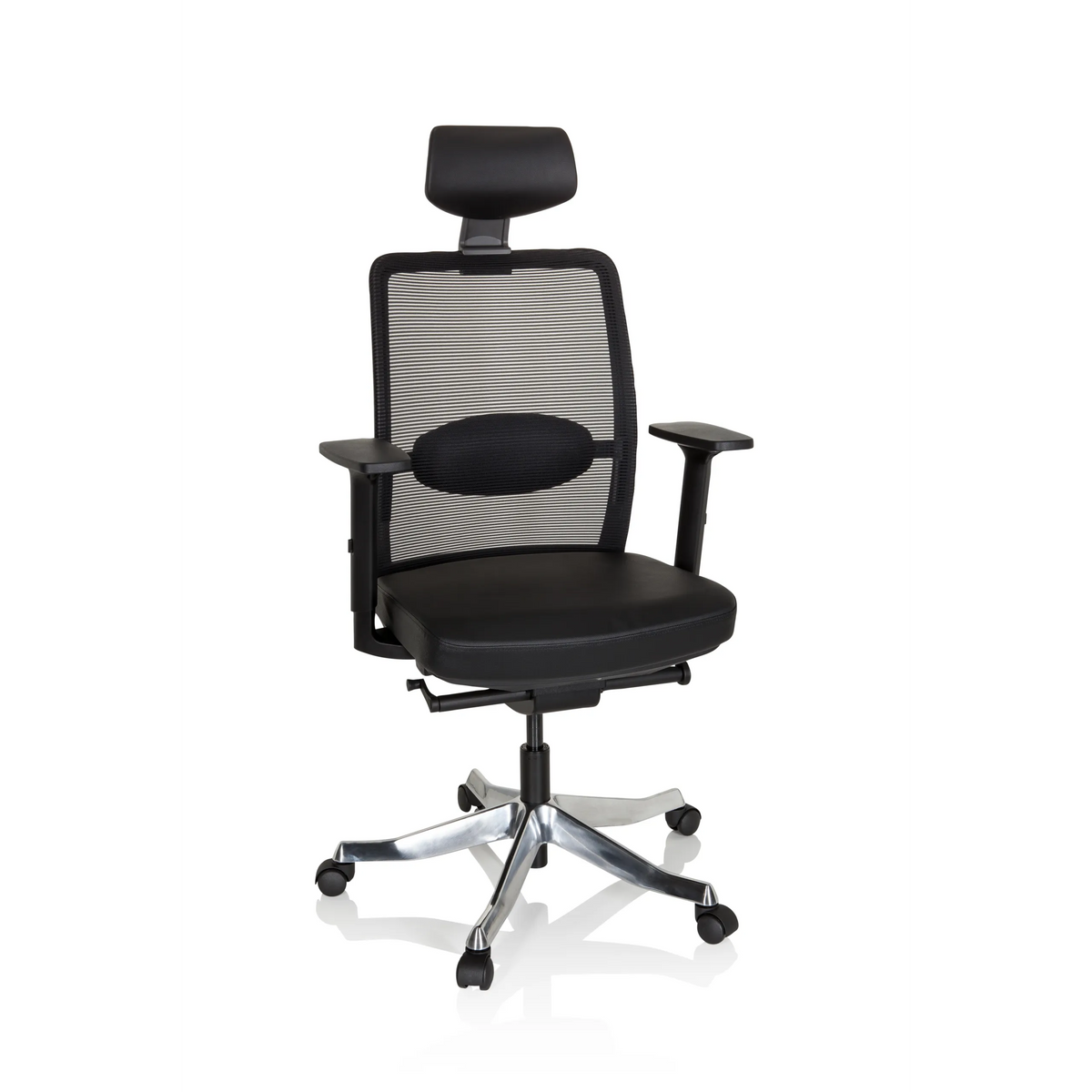 Sillón de alta gama SENATOR PRO negro con respaldo de malla, reposacabezas y base de cinco ruedas de hjh OFFICE – vista de 360° (vista frontal 20°)