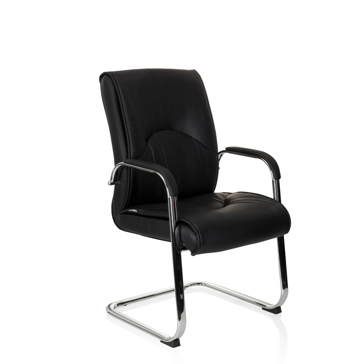 Silla de viga voladiza SOVRANO V negra con reposabrazos y estructura de patín cromada de hjh OFFICE – vista de 360° (vista frontal en diagonal 40°)