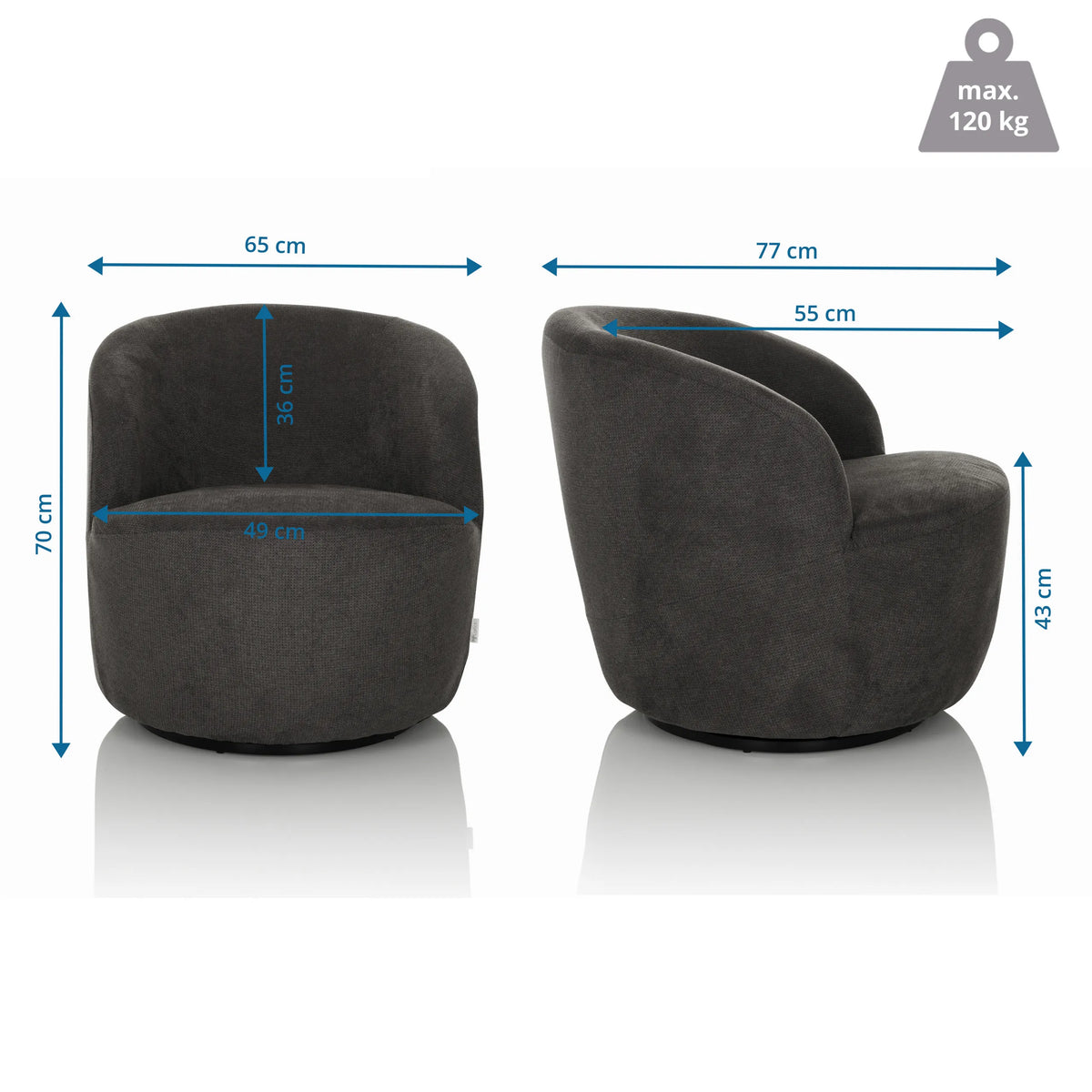 Vista dimensional del Sillón de diseño BRAMWICH con un ancho de 65 cm y una altura de 70 cm de hjh LIVING