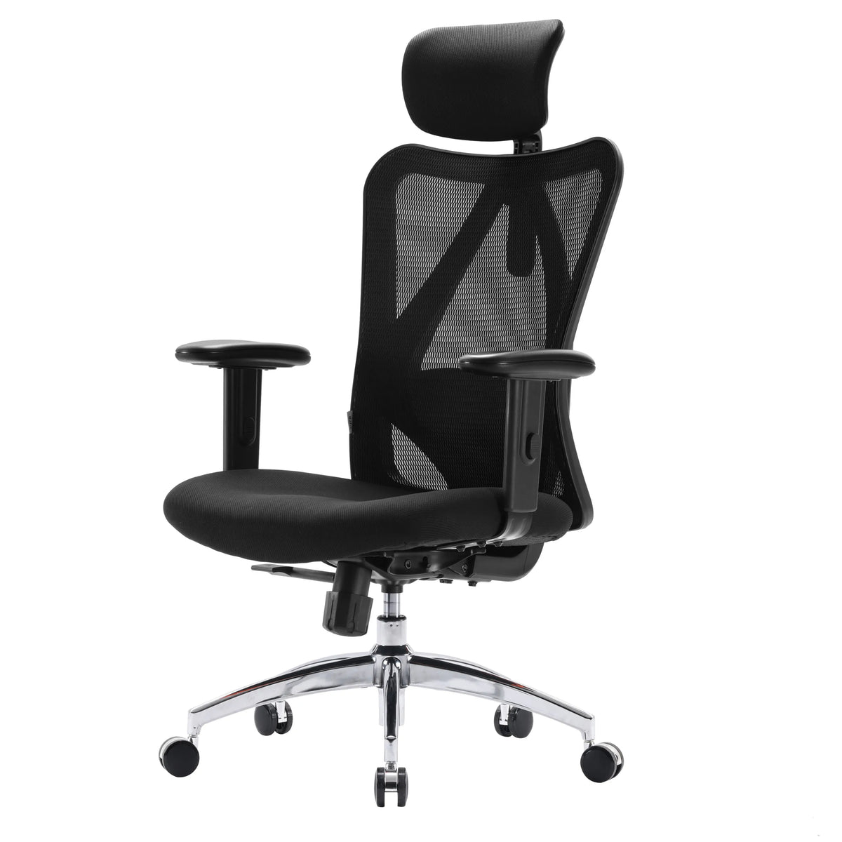 Silla de oficina profesional M18-M148 negra con respaldo de malla, reposacabezas y base brillante de Sihoo