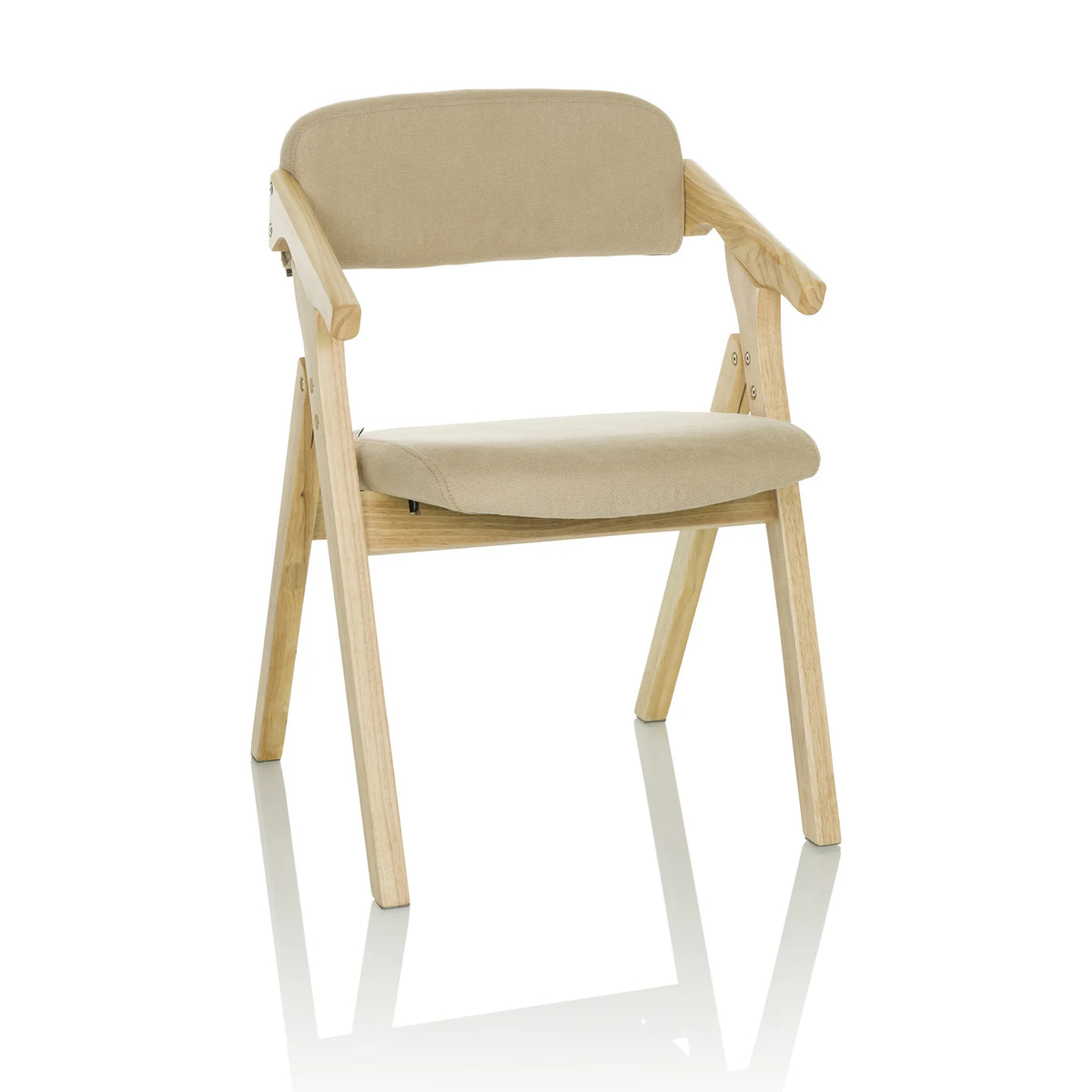 Silla plegable SCANDIO beige con reposabrazos y estructura de madera de hjh OFFICE – vista de 360° (vista frontal 15°)