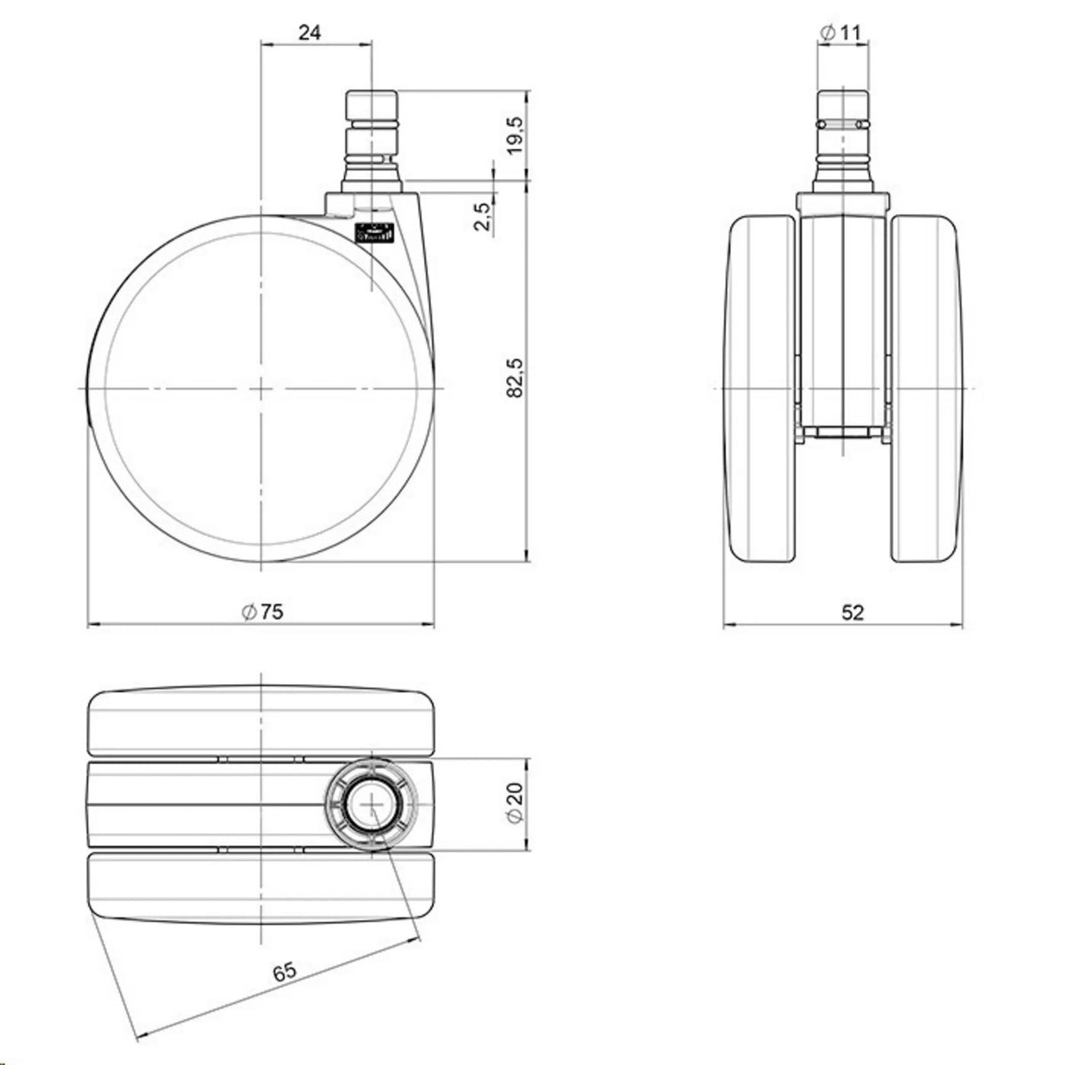 Dibujo técnico de las Ruedas para sillas 5x ROLO No-Noise 11mm/75mm con un diámetro de 75 mm de hjh OFFICE