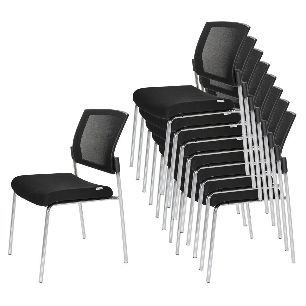 Sillas de cuatro patas apilables K9 V en color negro con respaldo de malla y estructura cromada de hjh OFFICE