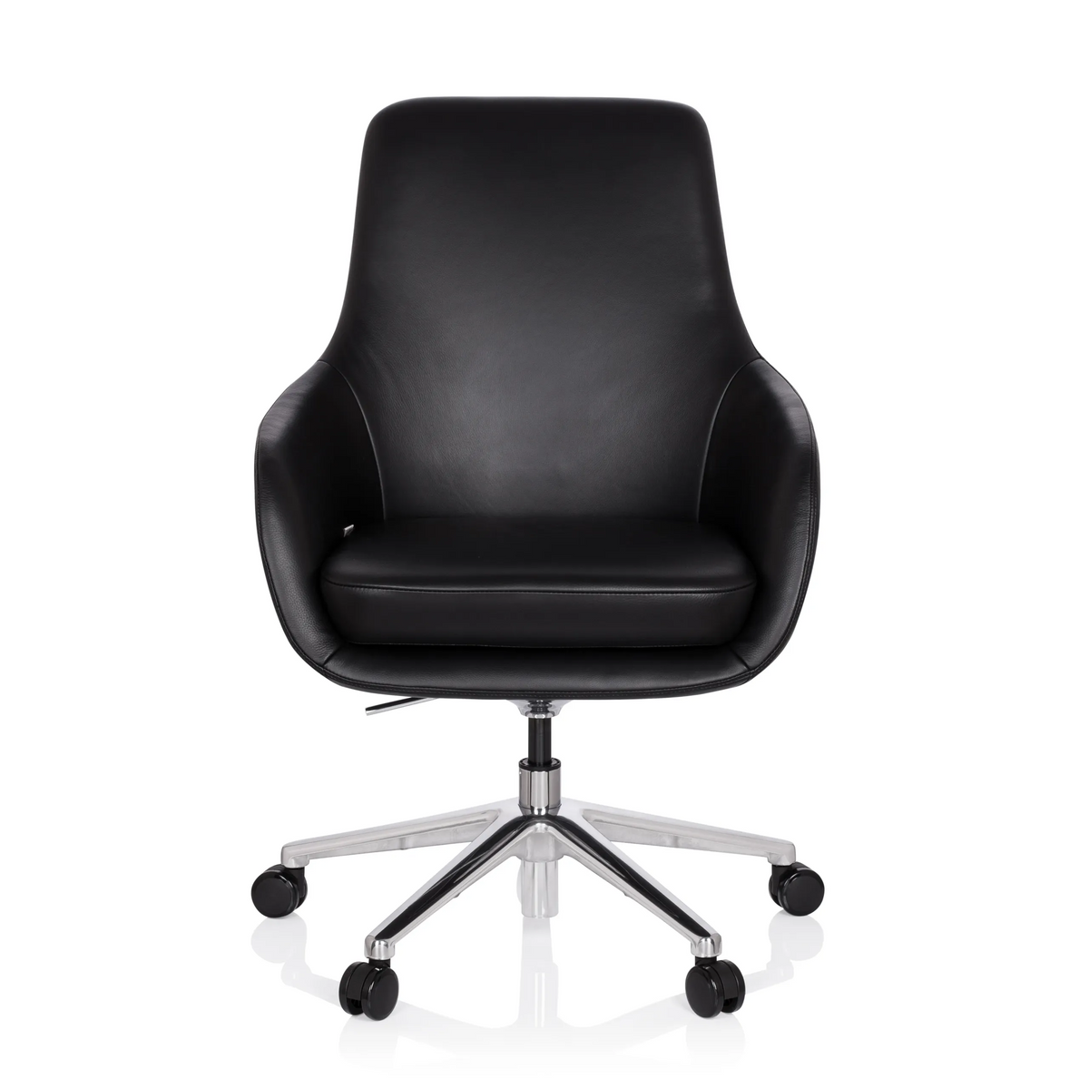 Sillón de oficina profesional BARENO negro con tapizado de cuero y base de cinco ruedas de hjh OFFICE – vista de 360° (vista frontal 0°)