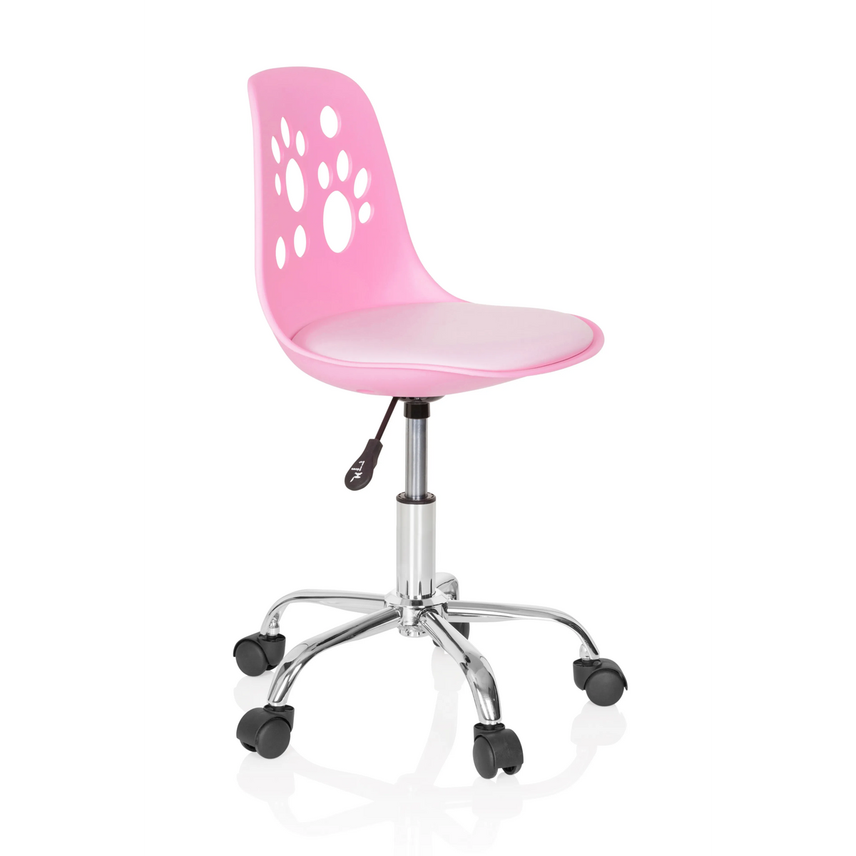 Rosa Kinderdrehstuhl FANCY I mit Pfoten-Motiven in der Rückenlehne und Fußkreuz mit fünf Rollen von hjh OFFICE – 360-Grad-Ansicht (schräge Frontansicht 60°)