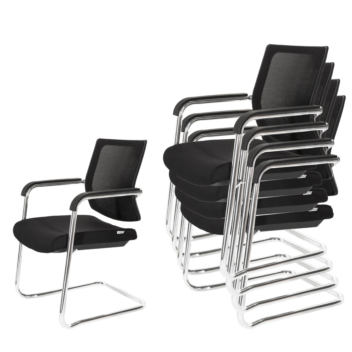 Sillas de viga voladiza apilables LEVIA V en negro con estructura cromada y reposabrazos de hjh OFFICE