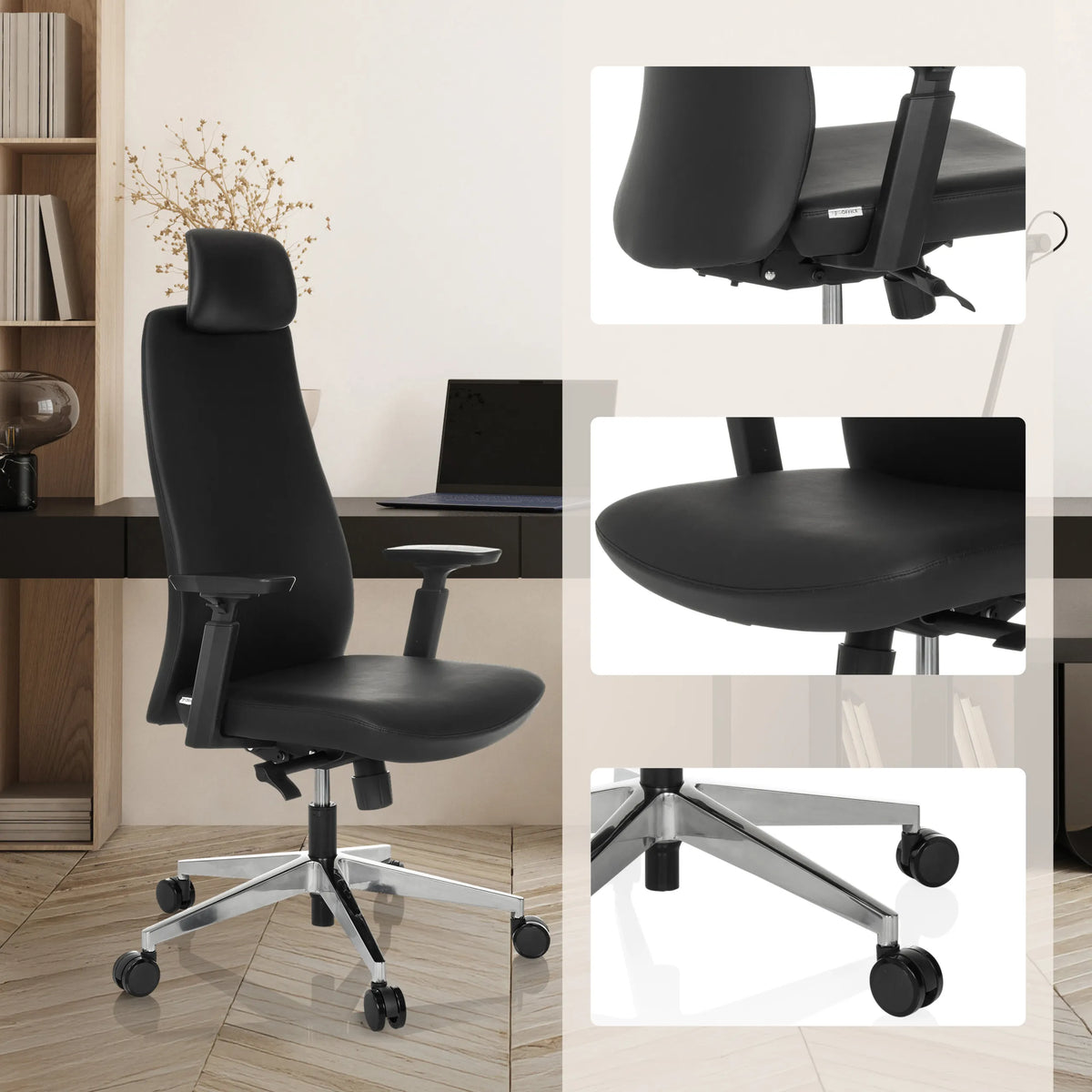Sillón de oficina profesional YUCANO I en negro con vistas detalladas del asiento, el mecanismo y la base de hjh OFFICE