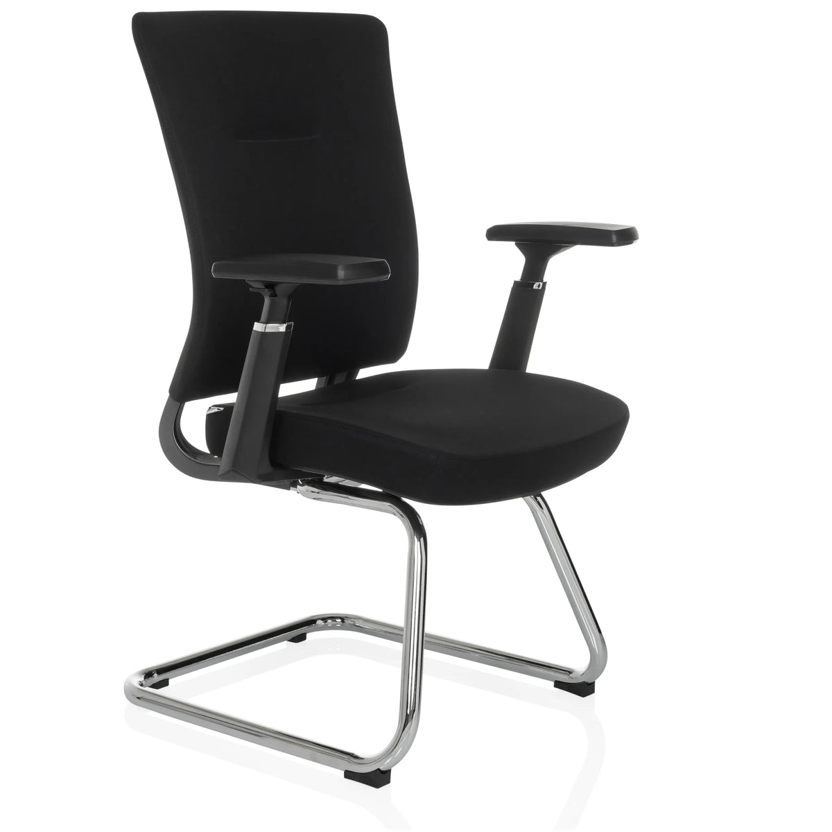 Silla viga voladiza CAPTIVO PRO V negra con reposabrazos y tapizado en tela de hjh OFFICE – vista de 360° (vista frontal en diagonal 45°)