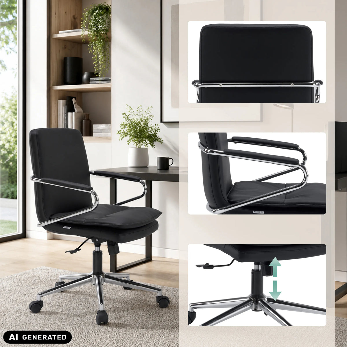 Silla Home Office Rovento negra con reposabrazos y base de ruedas cromada de hjh OFFICE