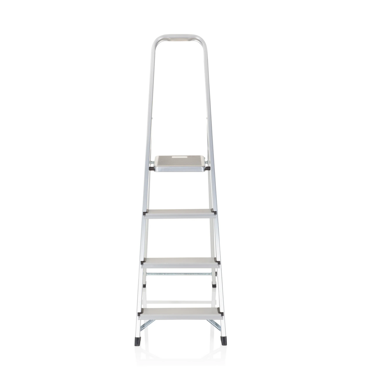 Escalera plegable SOLID II plateada de aluminio con cuatro peldaños y asa de hjh OFFICE – vista de 360° (vista frontal 0°)