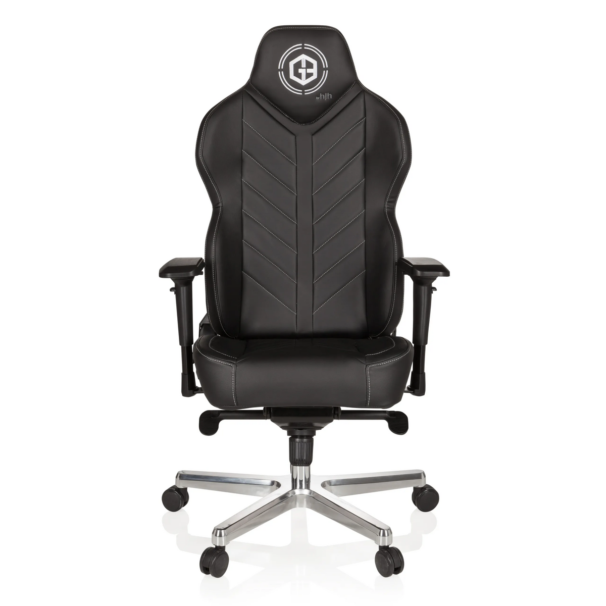 Silla gaming GAMEBREAKER COLOSSUS negra con reposabrazos y base brillante de cinco ruedas de hjh OFFICE – vista de 360° (vista frontal 0°)
