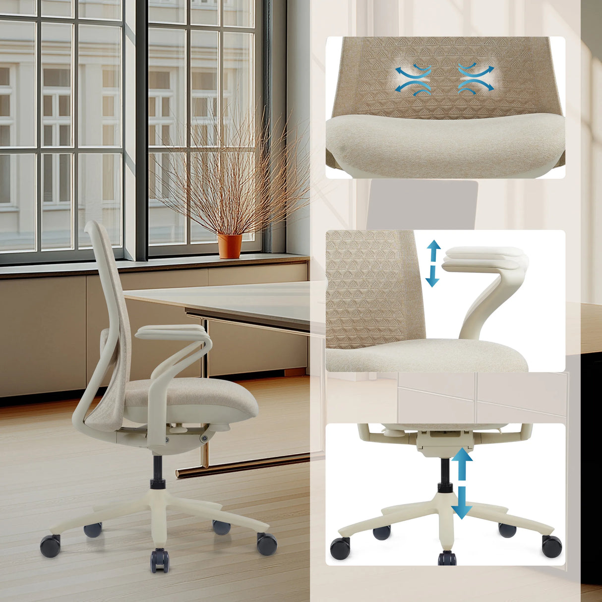 Reposabrazos y altura del asiento ajustables de la Silla alta gama VERVIO en beige de hjh OFFICE