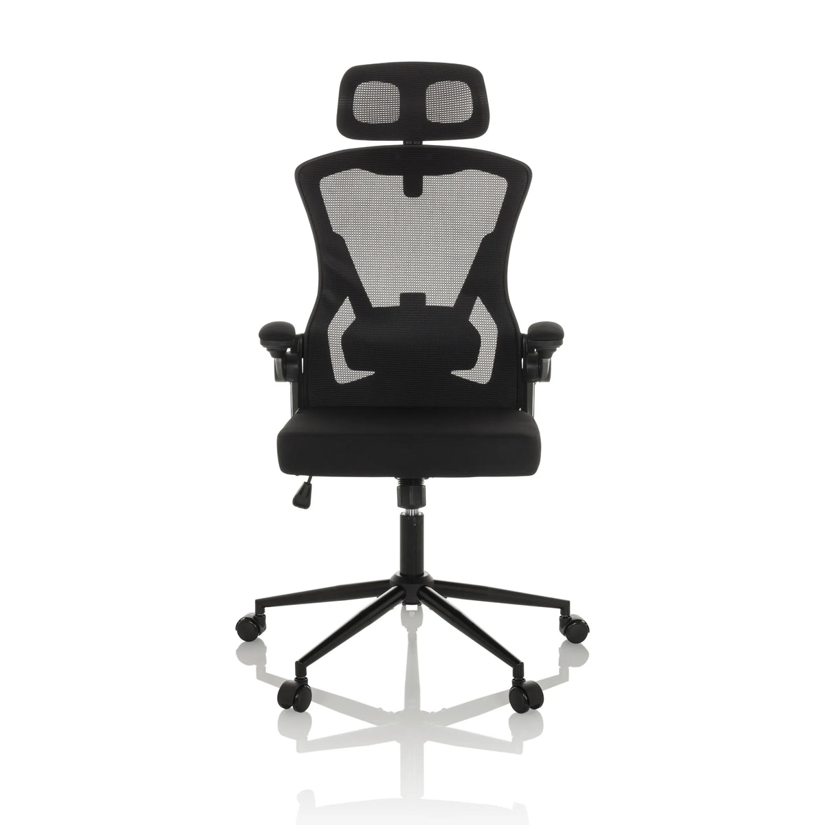 Schwarzer Profi-Bürostuhl ARIGANO mit Netzrücken, Kopfstütze und Fußkreuz mit fünf Rollen von hjh OFFICE – 360-Grad-Ansicht (Frontansicht 0°)