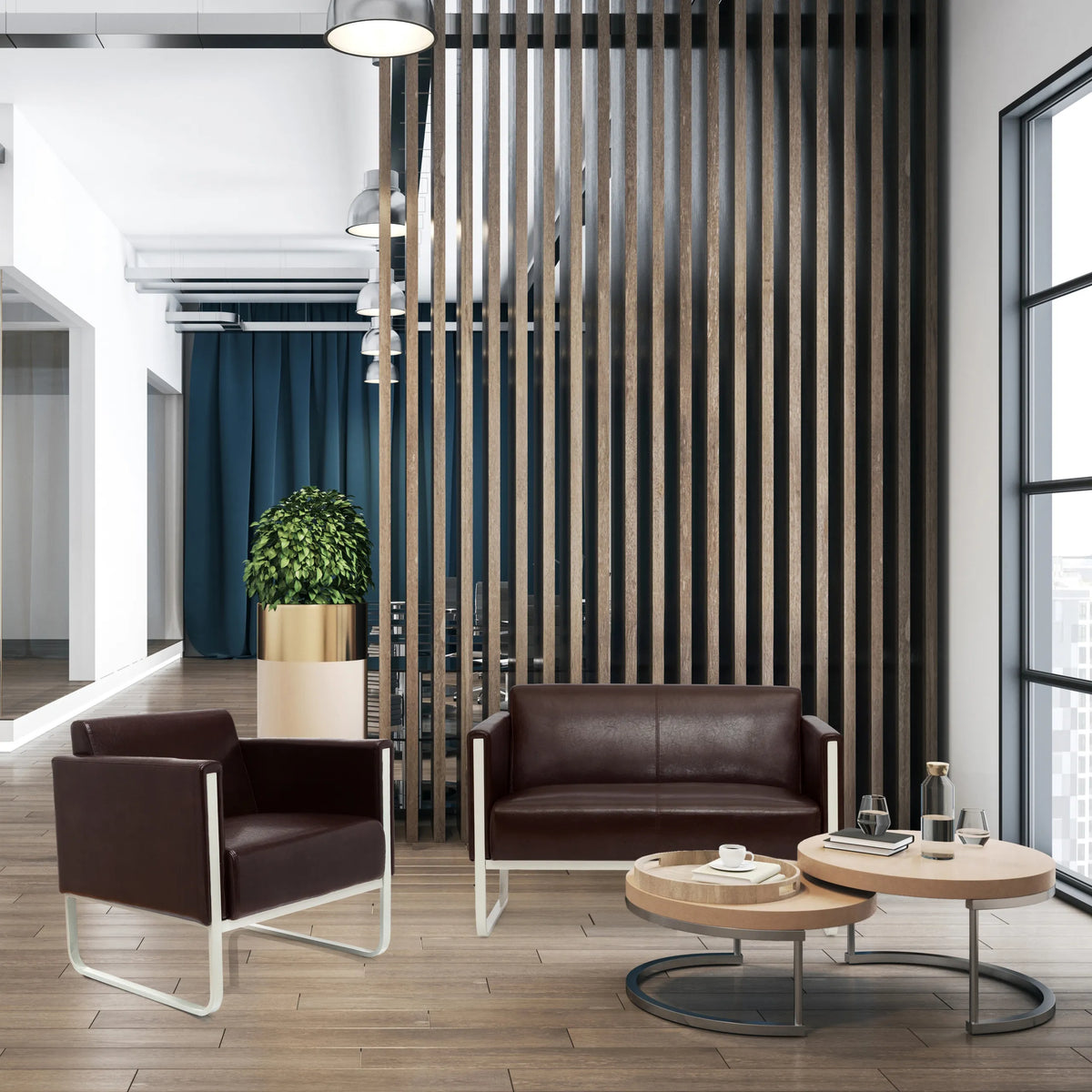 Sofá de diseño marrón ARUBA de dos plazas con estructura de metal blanca de hjh OFFICE
