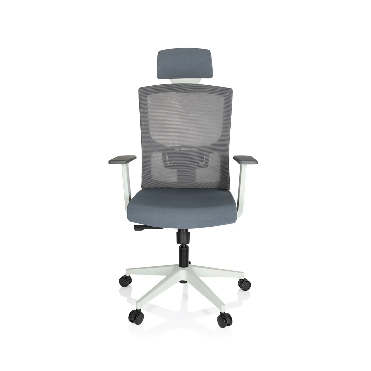 Silla de oficina profesional CAPTIVO BASE W gris con respaldo de malla, reposacabezas y base blanca de hjh OFFICE – vista de 360° (vista frontal 0°)