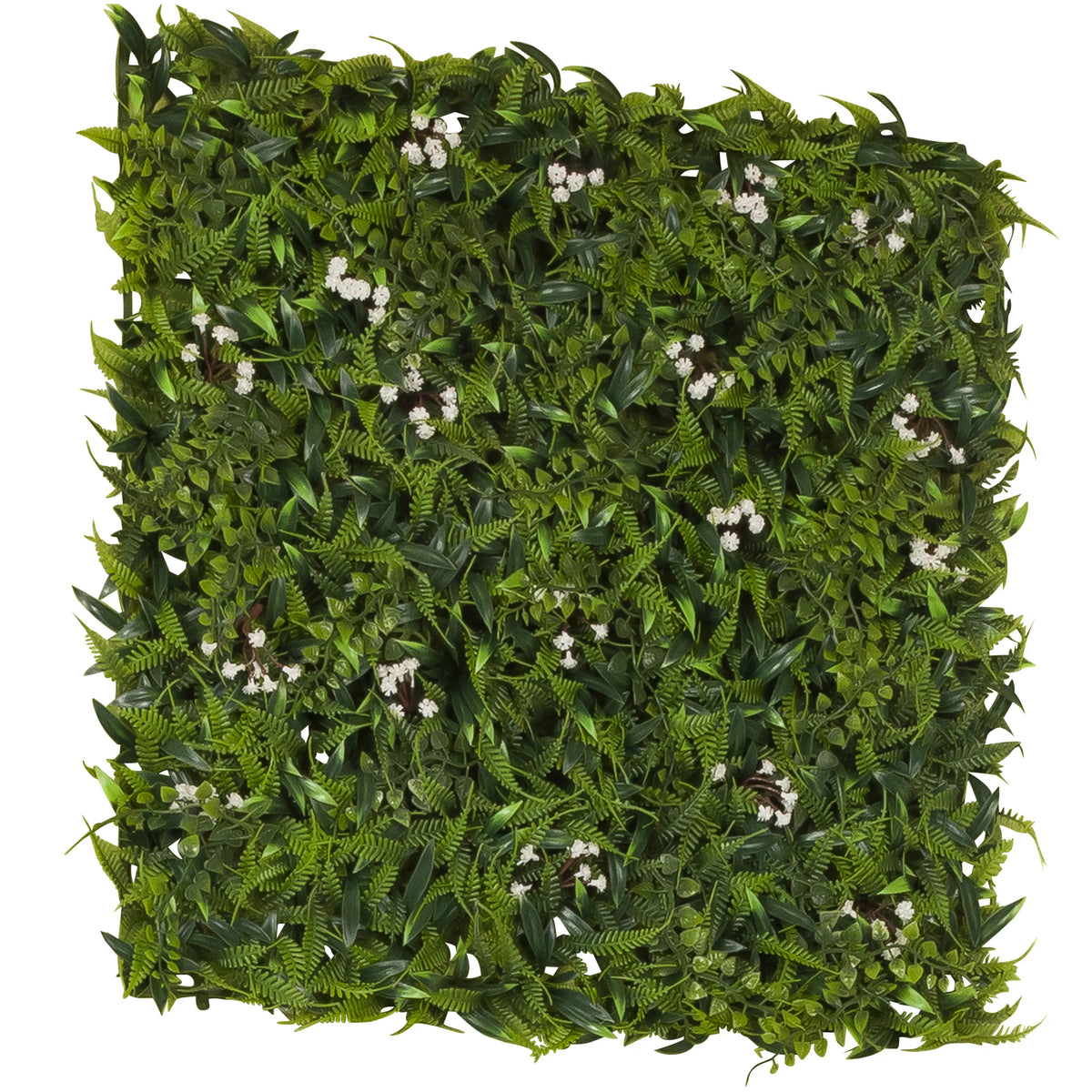 Grüne Pflanzenmatte MORE GREEN I mit Farnblättern und kleinen weißen Blüten von hjh OFFICE – 360-Grad-Ansicht (schräge Rückenansicht 120°)