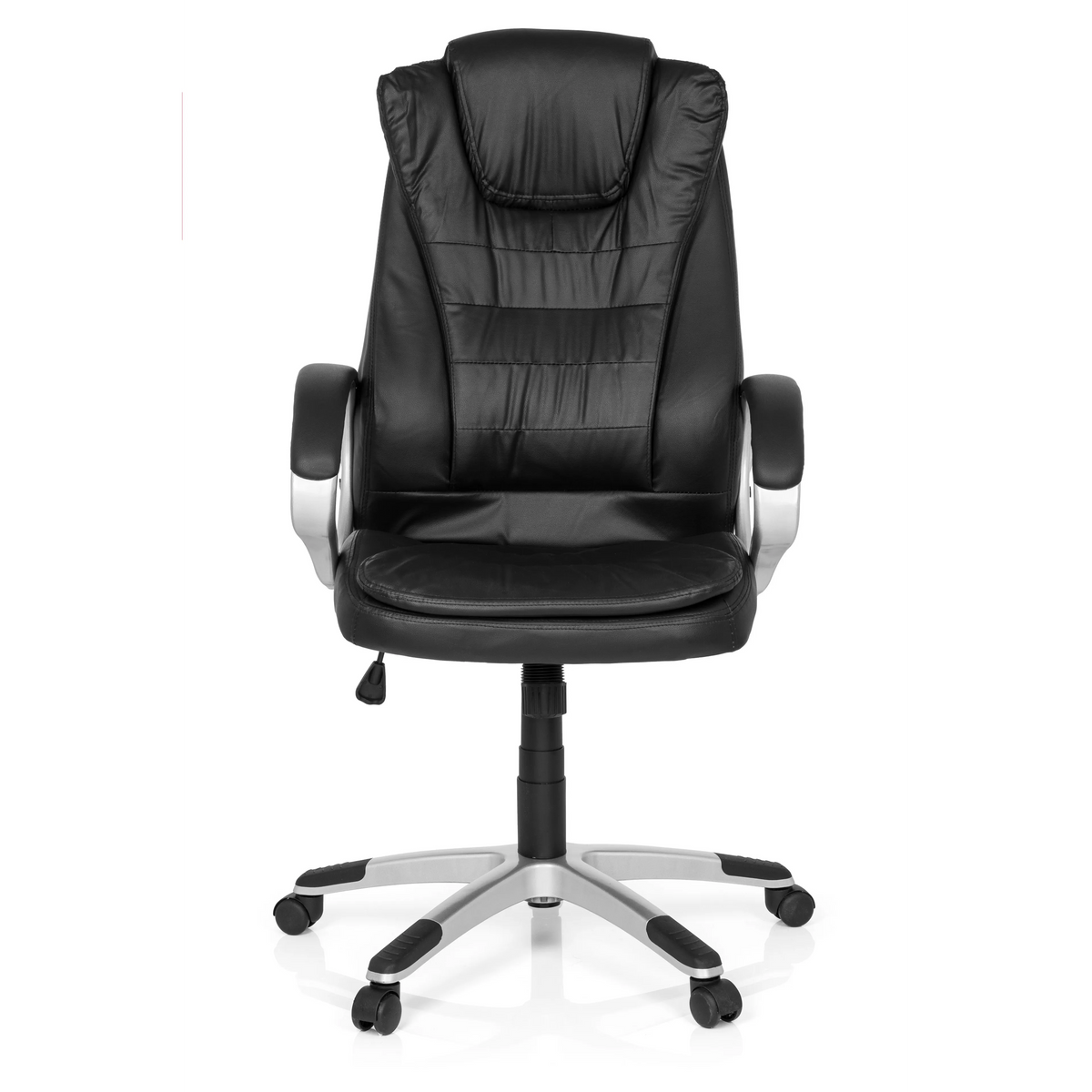 Schwarzer Gamingstuhl RELAX WB100 mit gepolsterter Rückenlehne und Fußkreuz mit fünf Rollen von MyBuero – 360-Grad-Ansicht (Frontansicht 0°)