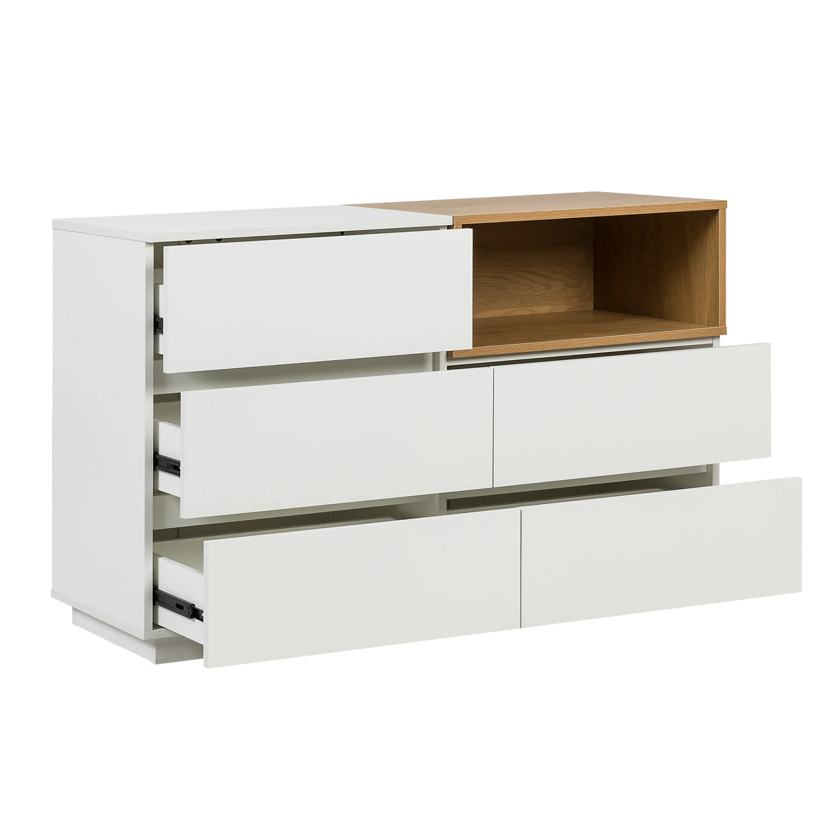 Aparador blanco MELMO S con detalle en madera de roble y tres cajones parcialmente abiertos de hjh LIVING