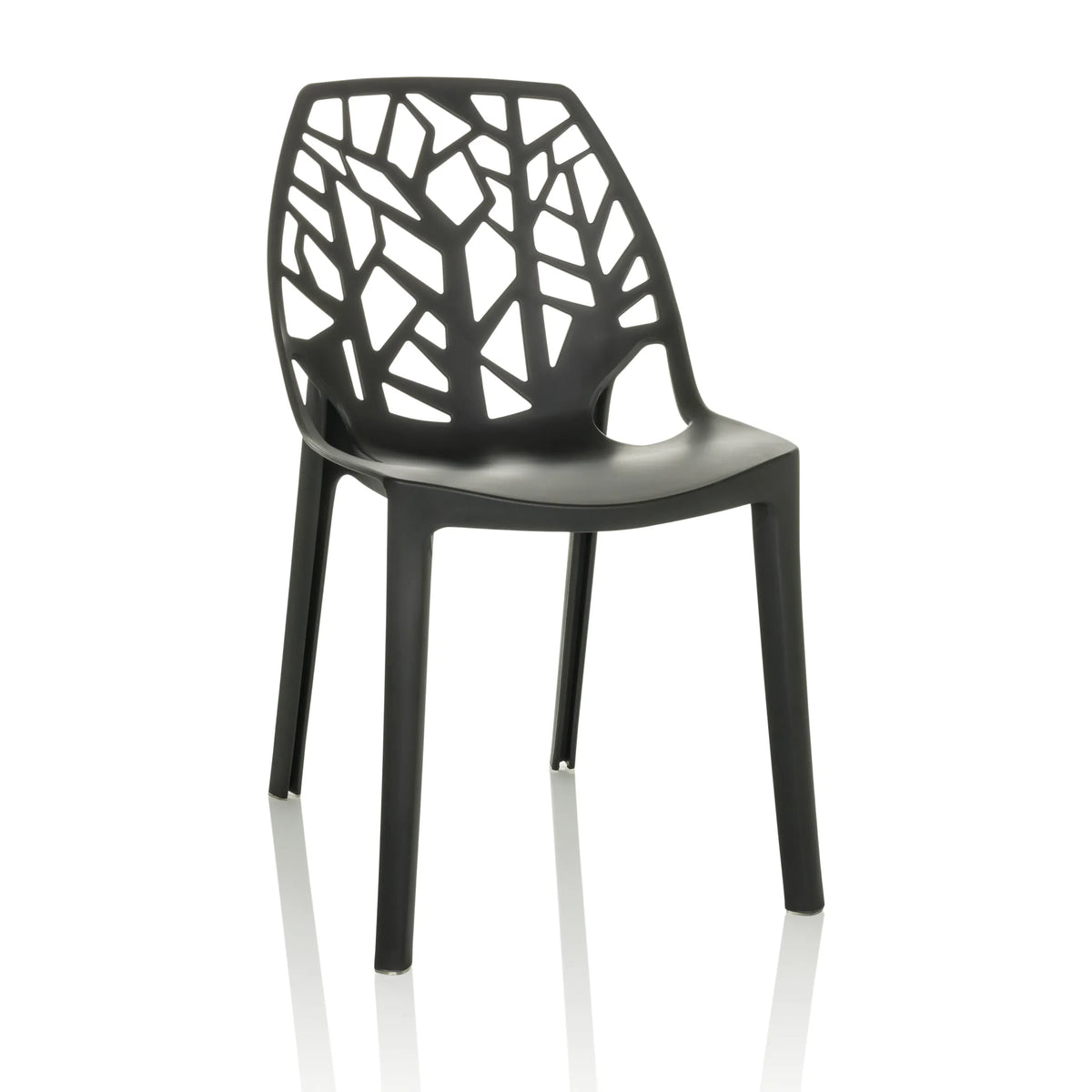 Silla de exterior ARTIFO TRI negra con respaldo perforado de aspecto orgánico de hjh OFFICE – vista de 360° (vista frontal 15°)