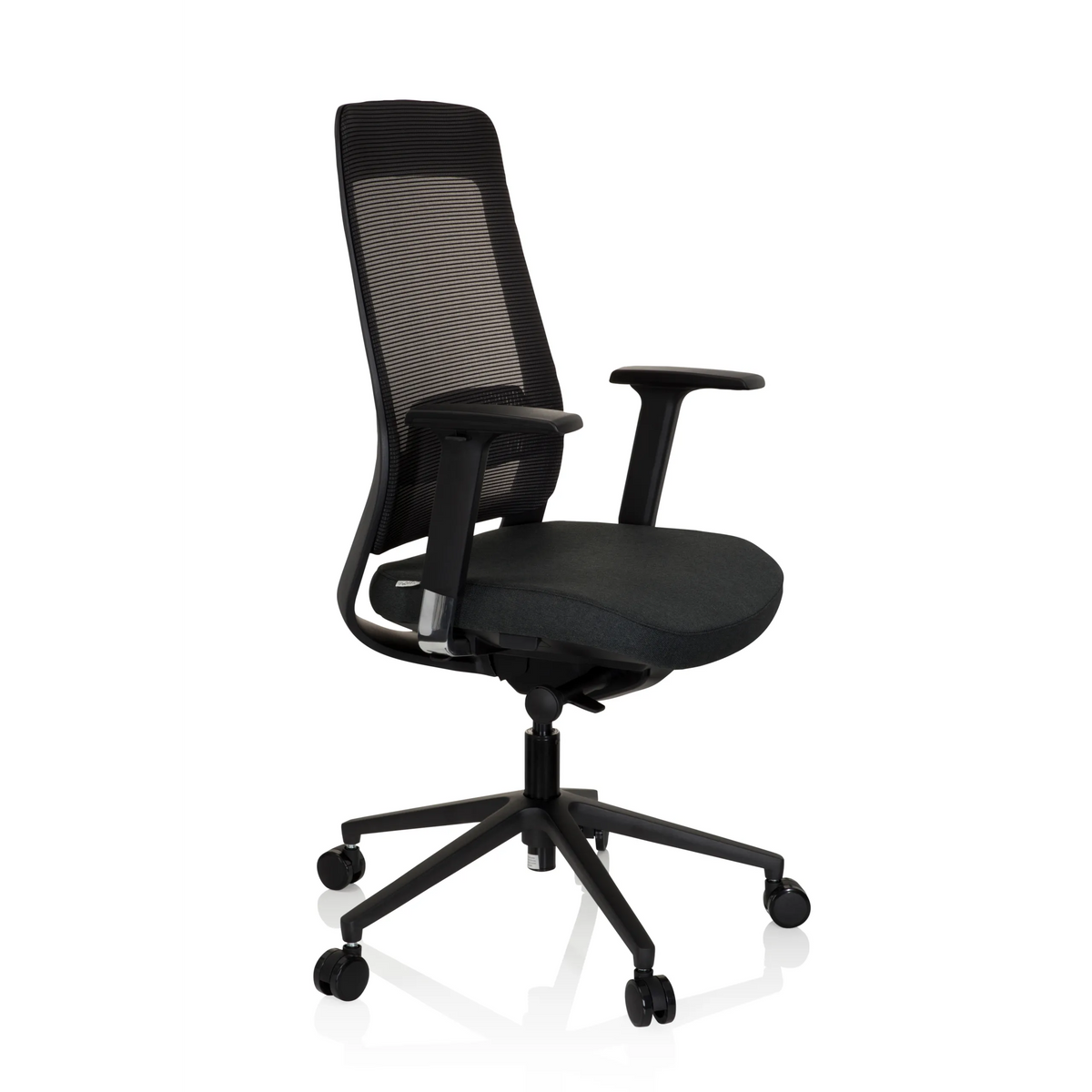 Silla de oficina profesional CHIARO T1 BLACK negra con respaldo de malla y base de cinco ruedas de hjh OFFICE – vista de 360° (vista frontal en diagonal 60°)