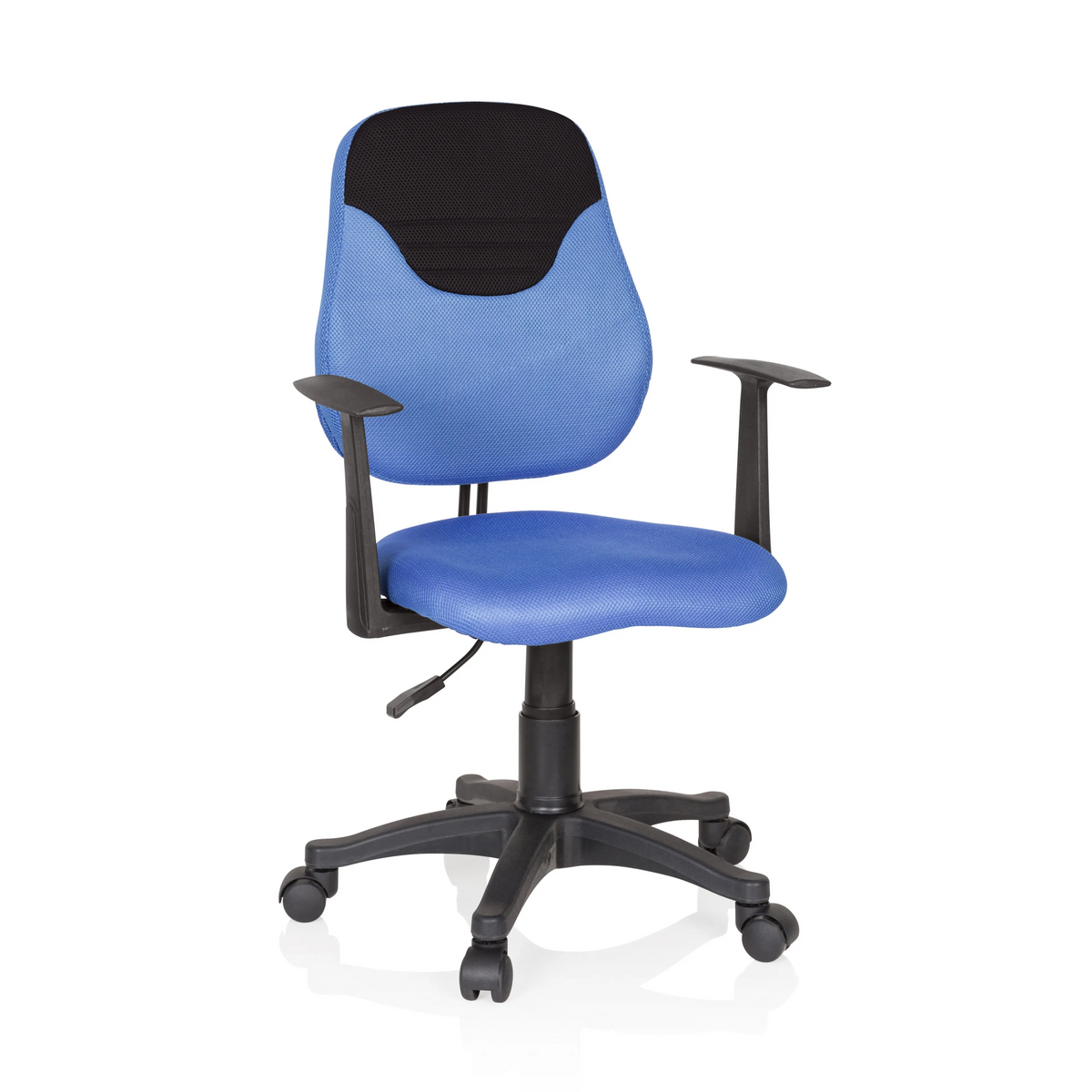 Blauer Kinderdrehstuhl KIDDY STYLE mit Netzrücken, Armlehnen und Fußkreuz mit fünf Rollen von hjh OFFICE – 360-Grad-Ansicht (Frontansicht 20°)