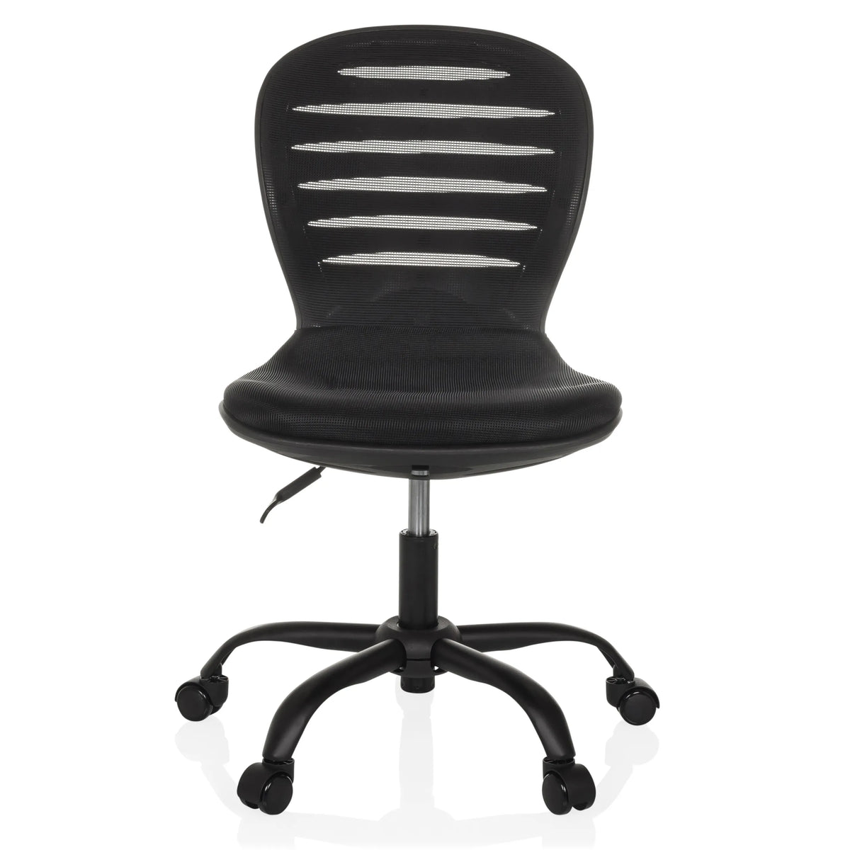 Schwarzer Homeoffice-Bürostuhl CASLA mit Netzrücken und Fußkreuz mit fünf Rollen von hjh OFFICE – 360-Grad-Ansicht (Frontansicht 0°)