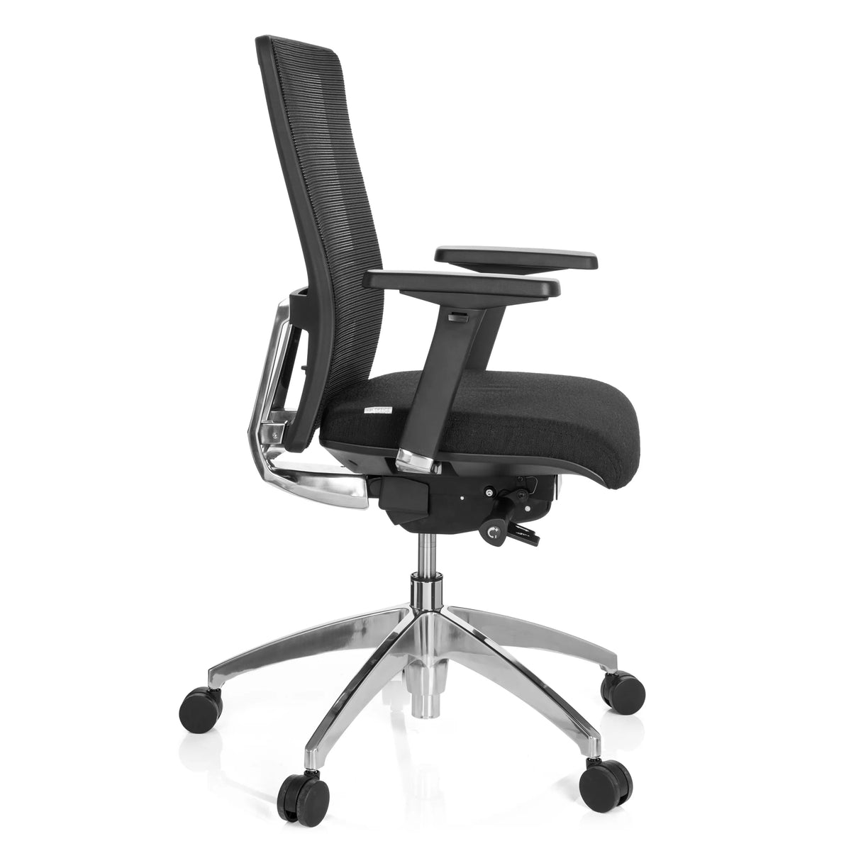 Silla de oficina profesional ASTRA BASE N negra con respaldo de malla y base brillante de cinco ruedas de hjh OFFICE – vista de 360° (vista lateral 80°)