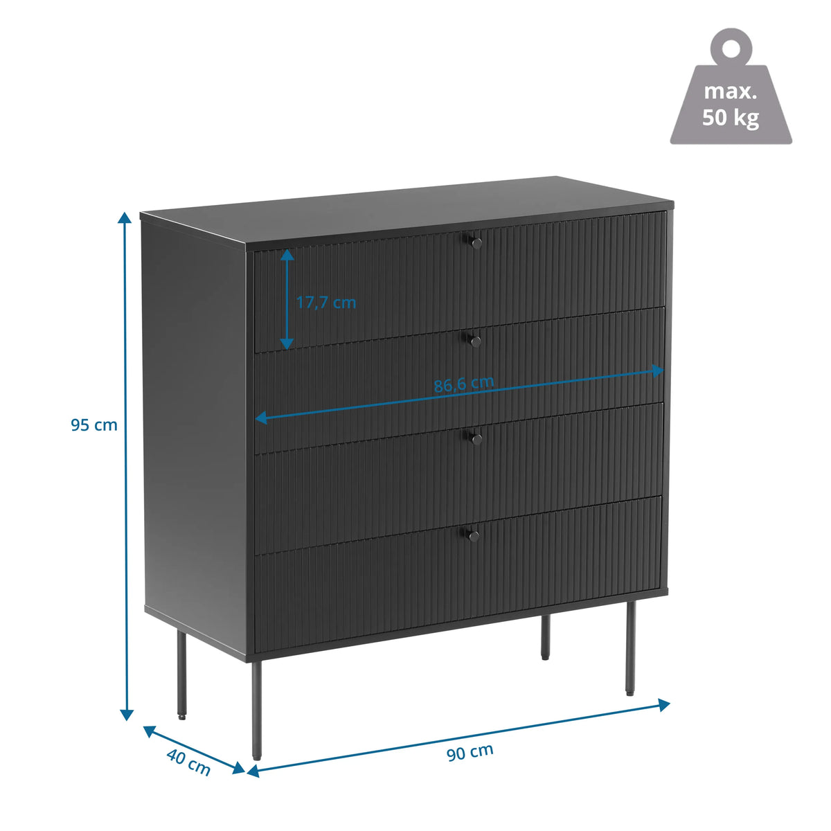 Dibujo dimensional de la Cómoda KARBY K con 90 × 95 cm y una capacidad de carga de 50 kg de hjh LIVING