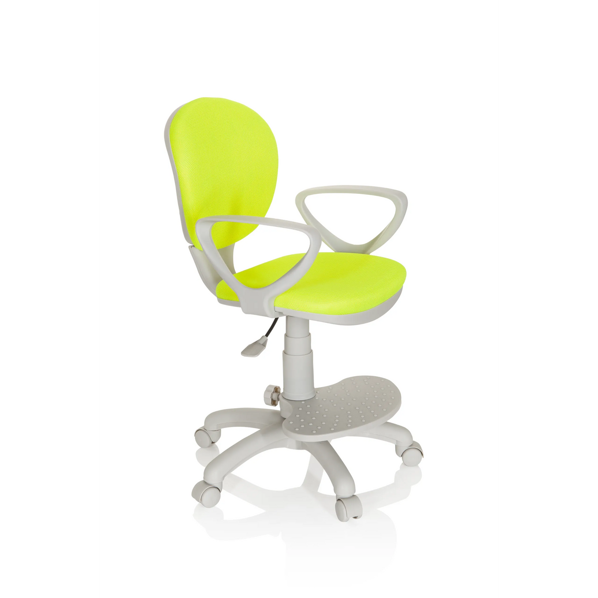 Silla giratoria para niños KID COLOUR G1 verde con reposabrazos grises y base de cinco ruedas de hjh OFFICE – vista de 360° (vista frontal en diagonal 60°)