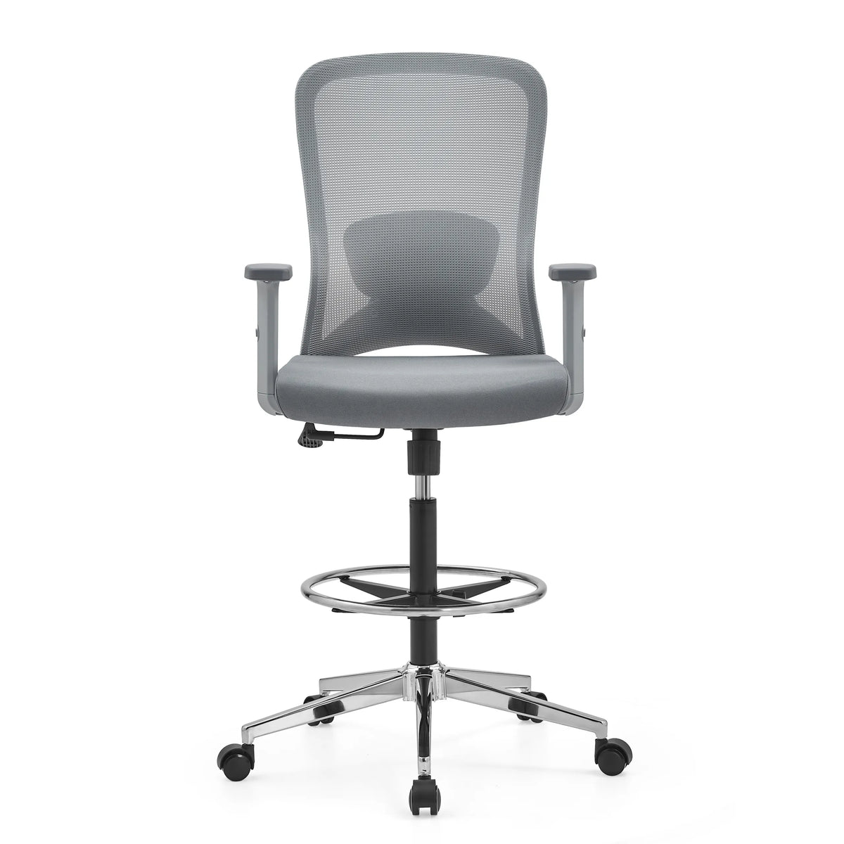 Silla de mostrador Top Work 44 W gris con respaldo de malla, aro reposapiés y base de cinco ruedas de hjh OFFICE – vista de 360° (vista frontal 0°)