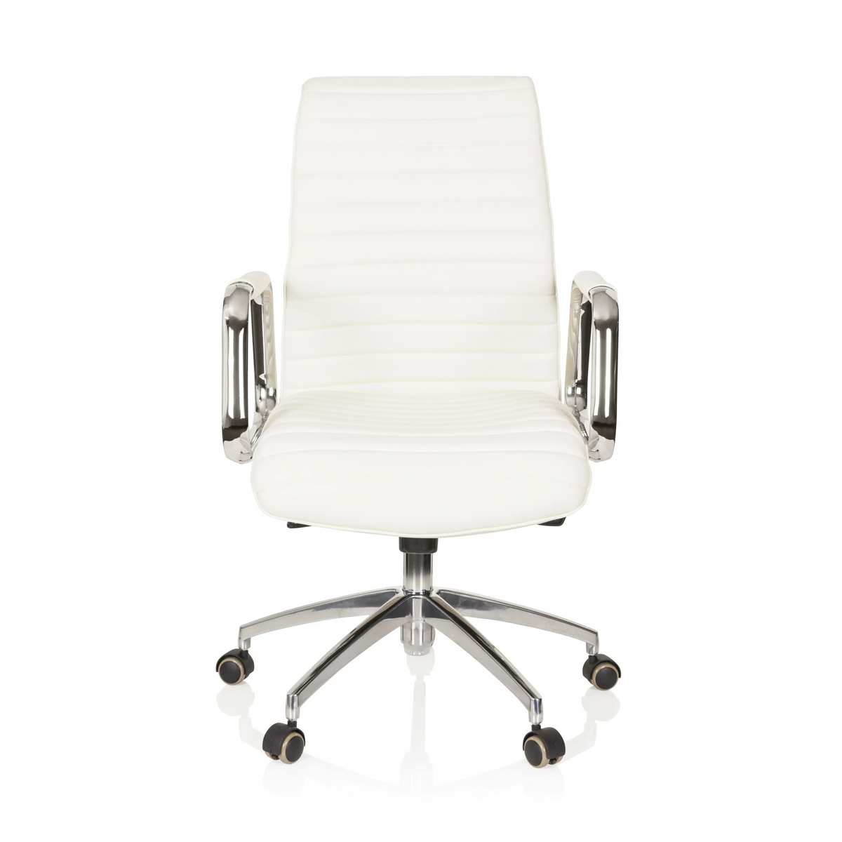 Sillón de oficina profesional ASPERA 10 en color blanco crema con reposabrazos y base de cinco ruedas de hjh OFFICE – vista de 360° (vista frontal 0°)