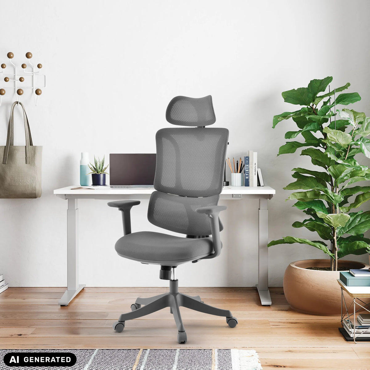 Silla Home Office Ergomy Colore gris con respaldo de malla y reposacabezas de MyBuero (imagen generada por IA)