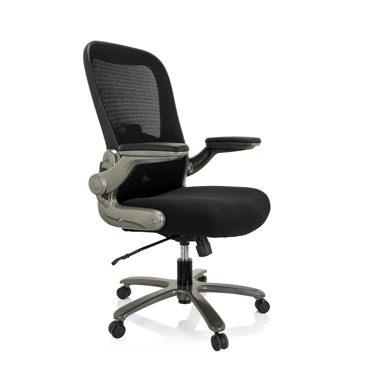 Silla giratoria XXL INSTRUCTOR T I negra con respaldo de malla, reposabrazos y base de cinco ruedas de hjh OFFICE – vista de 360° (vista frontal en diagonal 60°)