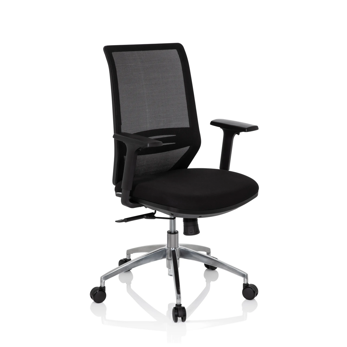 Silla de oficina profesional PROFONDO negra con respaldo de malla y base de cinco ruedas de hjh OFFICE – vista de 360° (vista frontal en diagonal 40°)