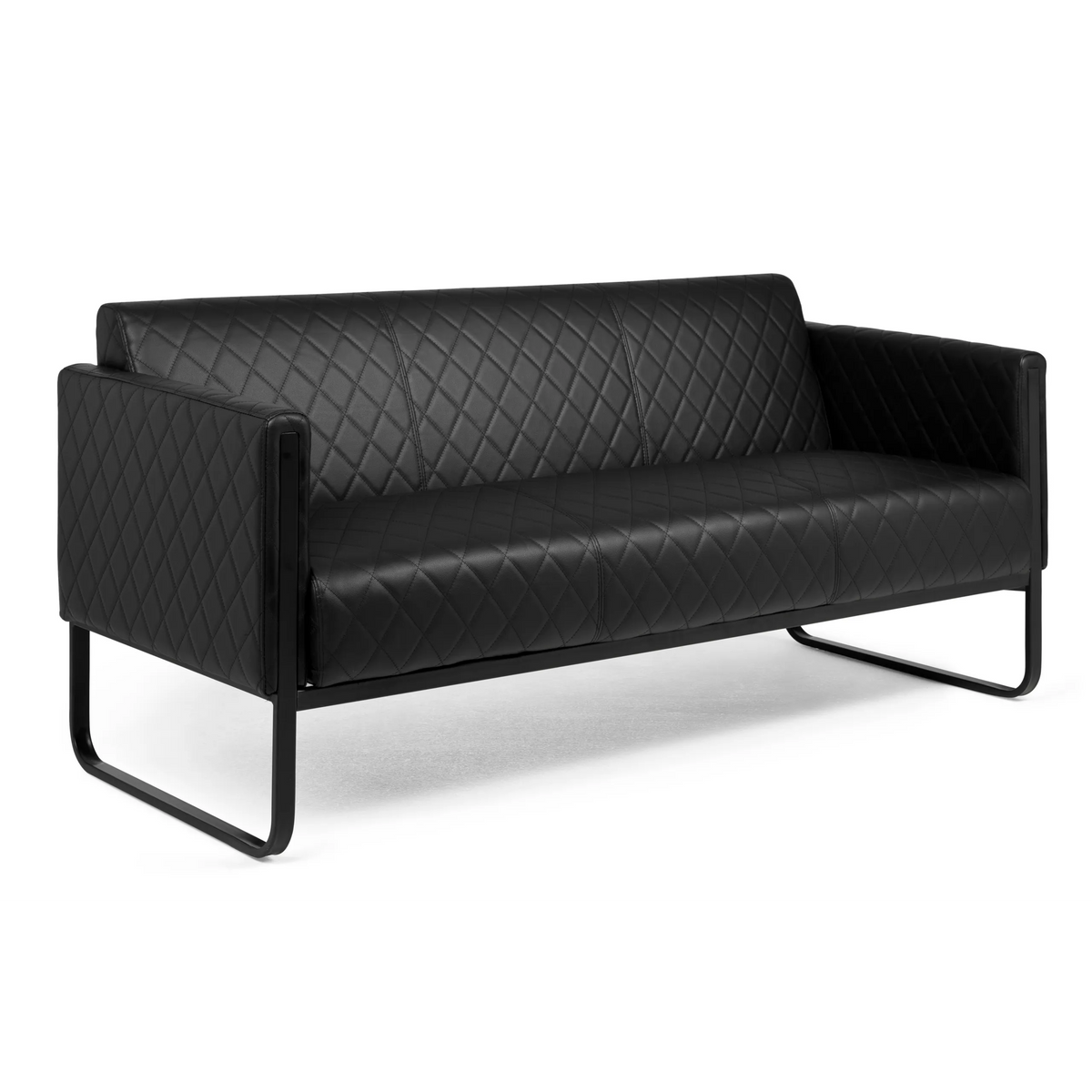 Sofá de diseño ARUBA BLACK negro con costuras de diamante y estructura metálica de hjh OFFICE – vista de 360° (vista trasera 180°)