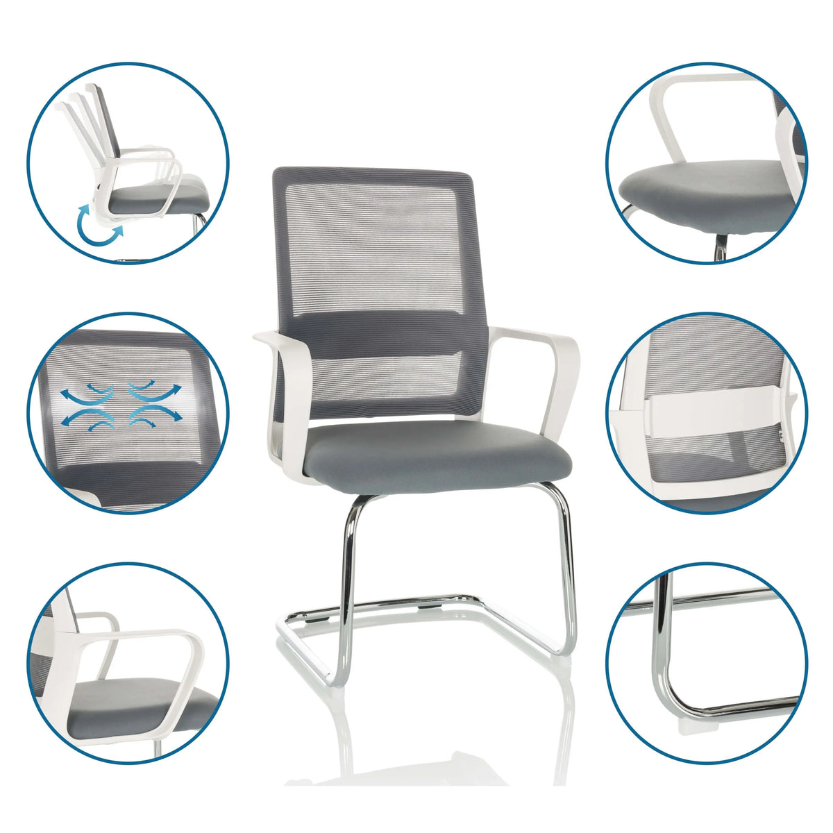 Silla de viga voladiza VISITER W gris con respaldo de malla, reposabrazos blancos y estructura de patín cromada de hjh OFFICE