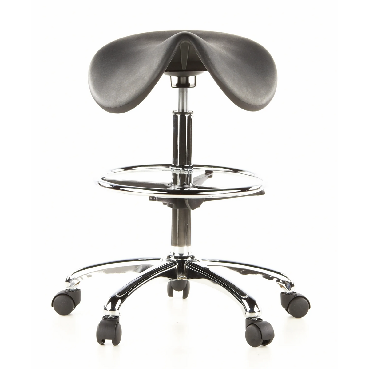 Taburete de silla de montar TOP WORK 13 negro con aro reposapiés y base de cinco ruedas de hjh OFFICE – vista de 360° (vista frontal 0°)