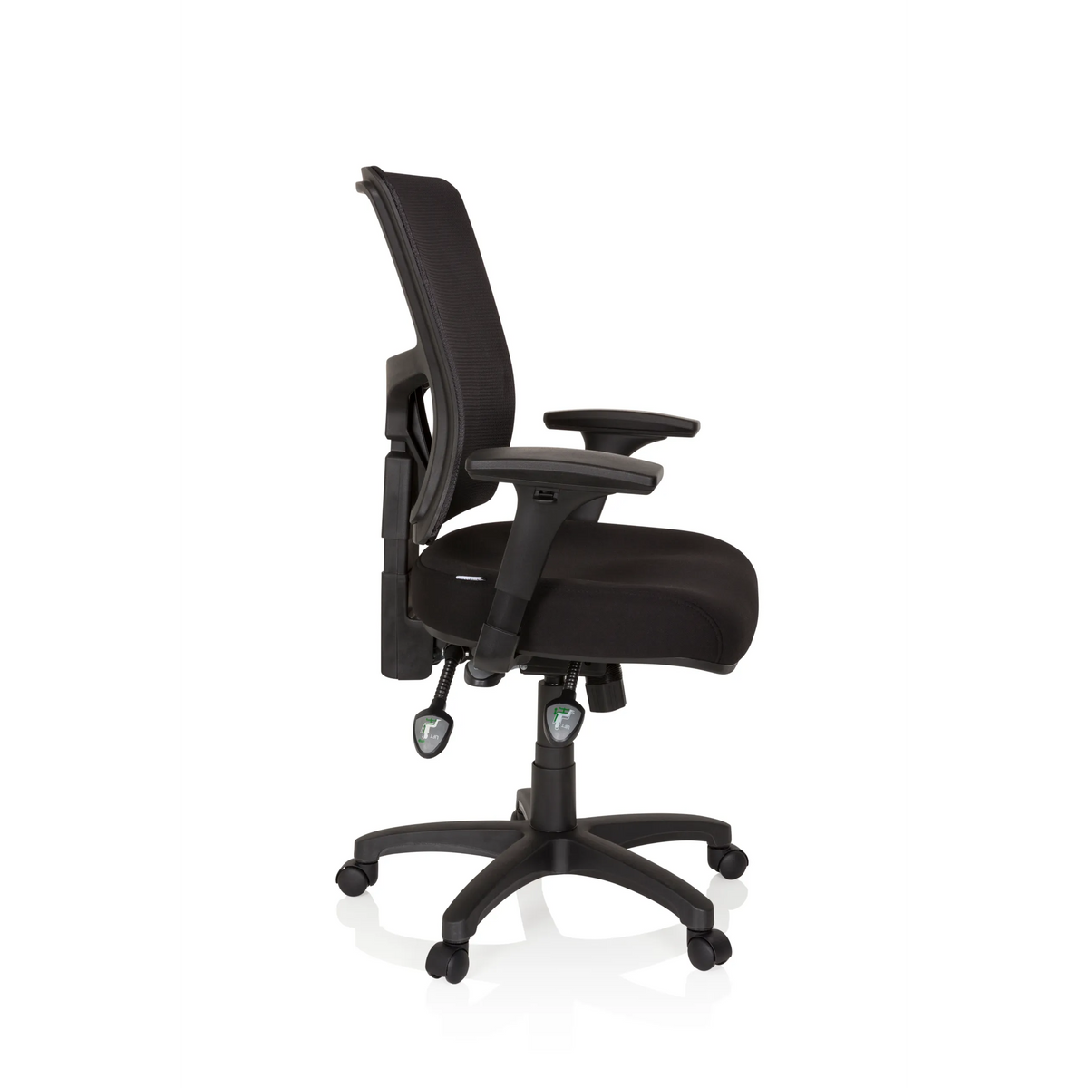 Sillón de oficina profesional IMPACT PRO negro con respaldo de malla y base de cinco ruedas de hjh OFFICE – vista de 360° (vista lateral 80°)