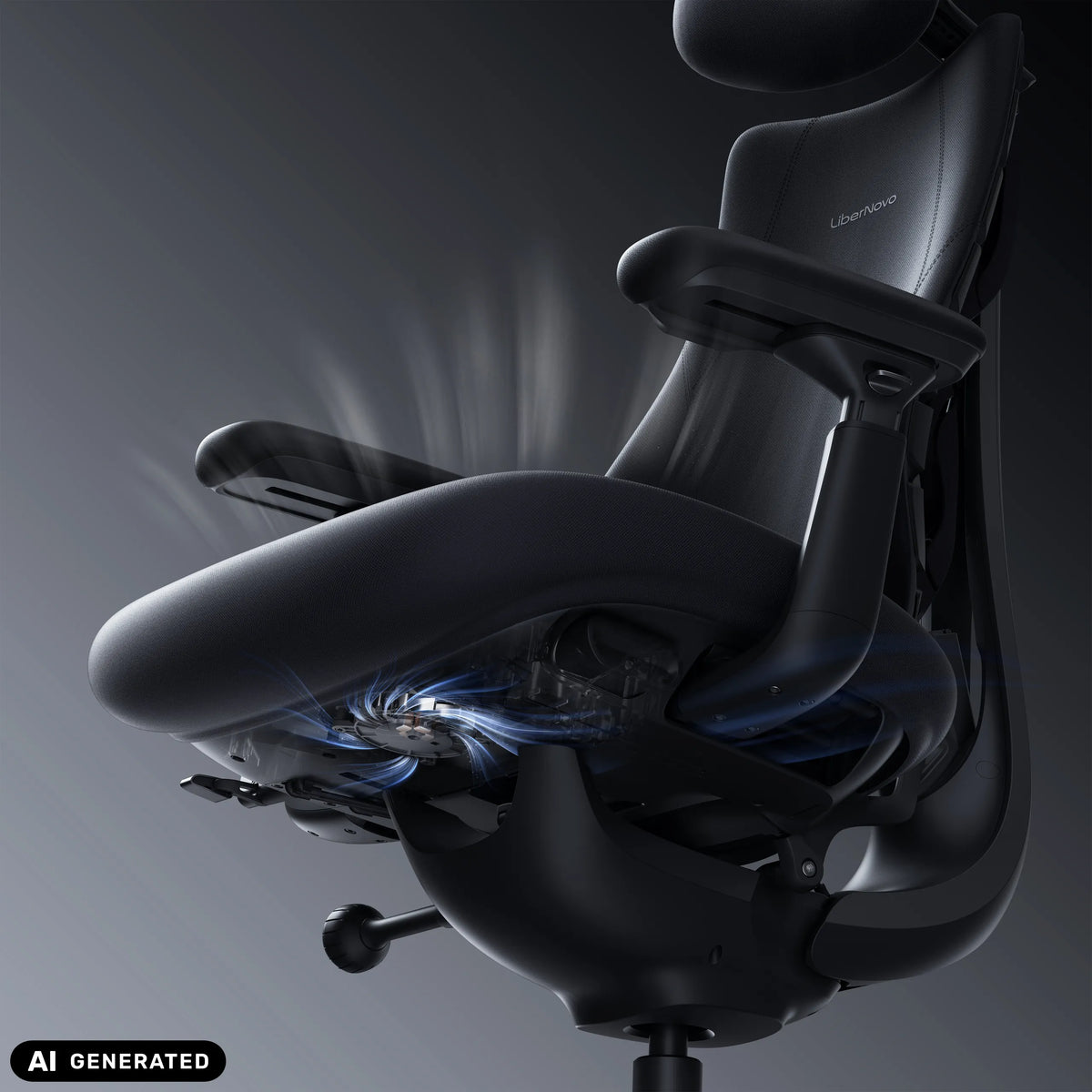 Mecanismo del asiento de la silla alta gama LiberNovo Omni Pro en gris oscuro de Libernovo (imagen generada por IA)