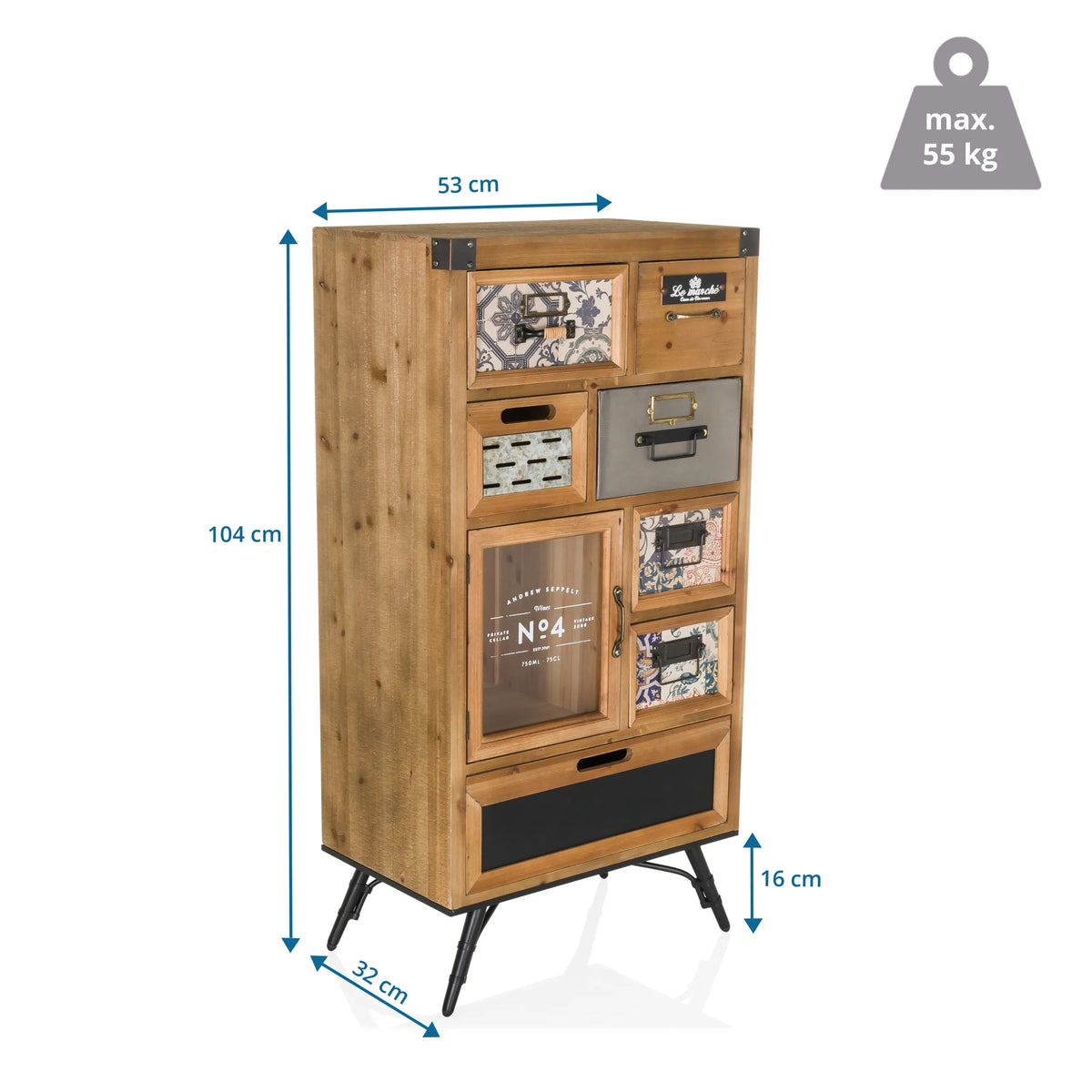 Vista de dimensiones del aparador CONTINENTO S de 104 × 53 cm y una capacidad de carga de 55 kg de hjh LIVING
