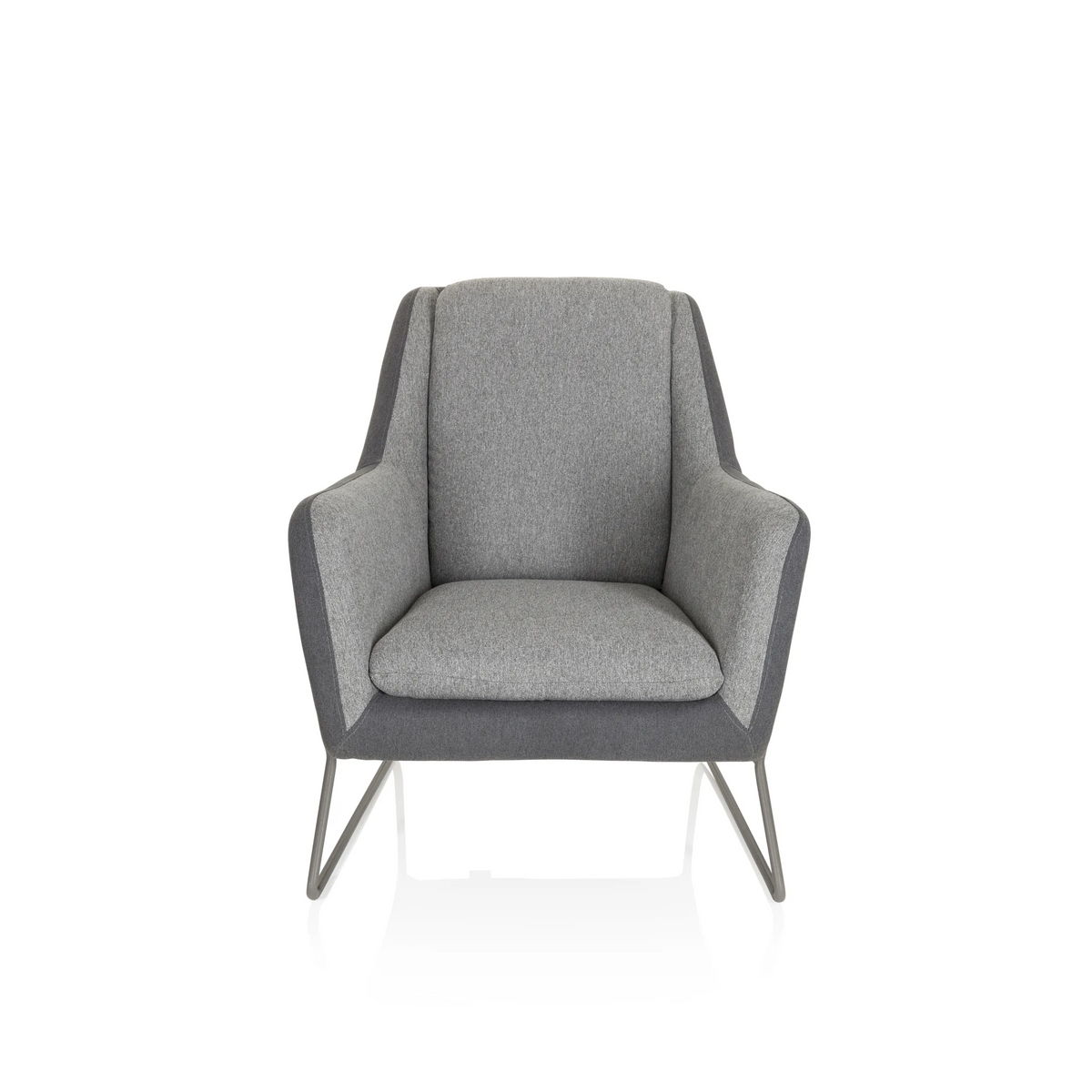 Sillón tapizada LAGUN en color gris claro con detalles en gris oscuro y patas de metal de hjh OFFICE – vista de 360° (vista frontal 0°)