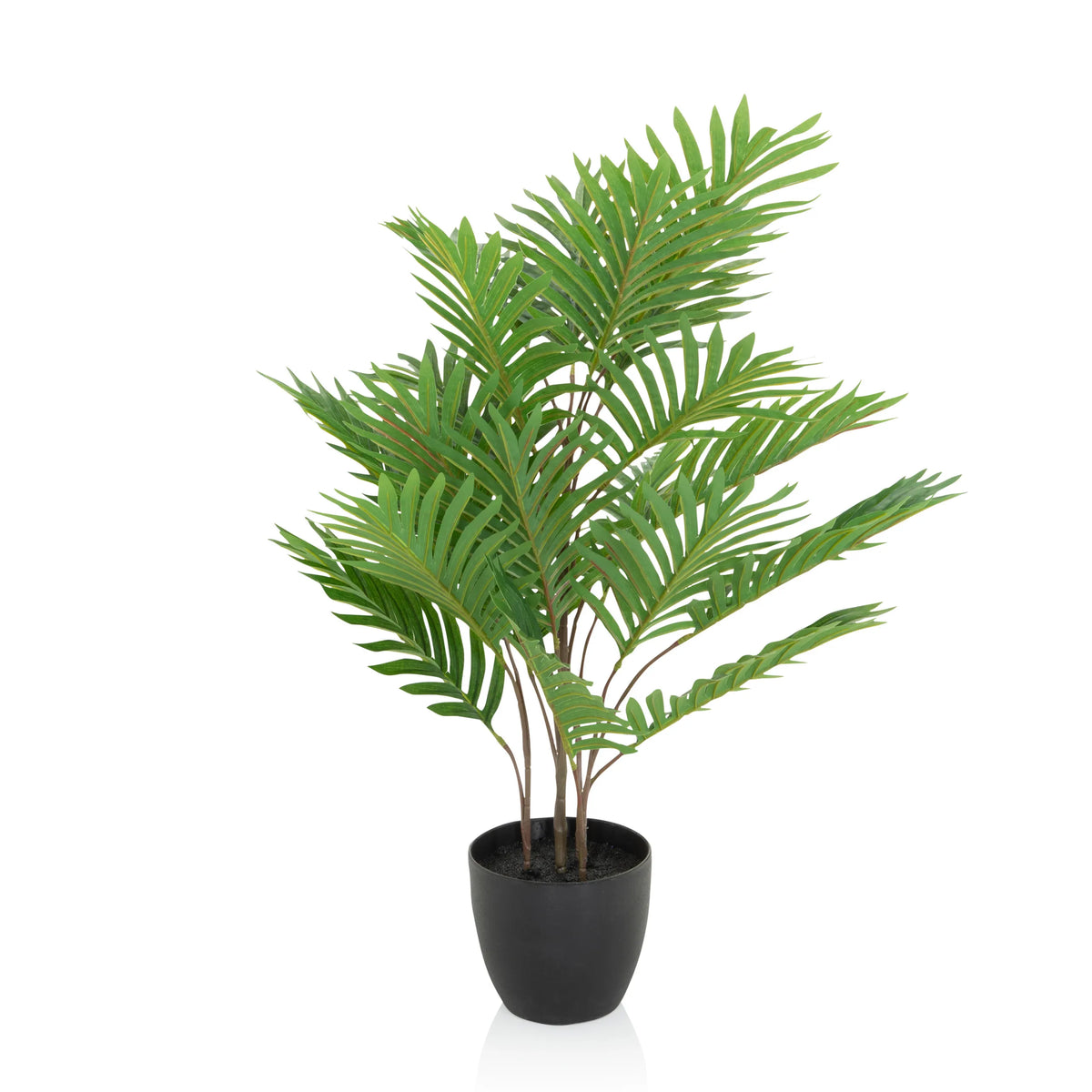 Planta artificial verde ARECA con hojas pinnadas en una maceta negra de hjh OFFICE – vista de 360° (vista frontal 0°)