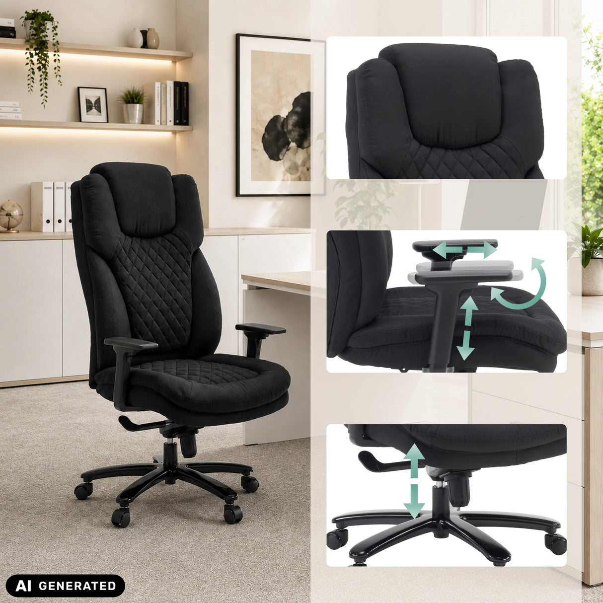 Silla giratoria XXL Pullmann Gen2 en negro con reposabrazos ajustables y base regulable en altura de hjh OFFICE