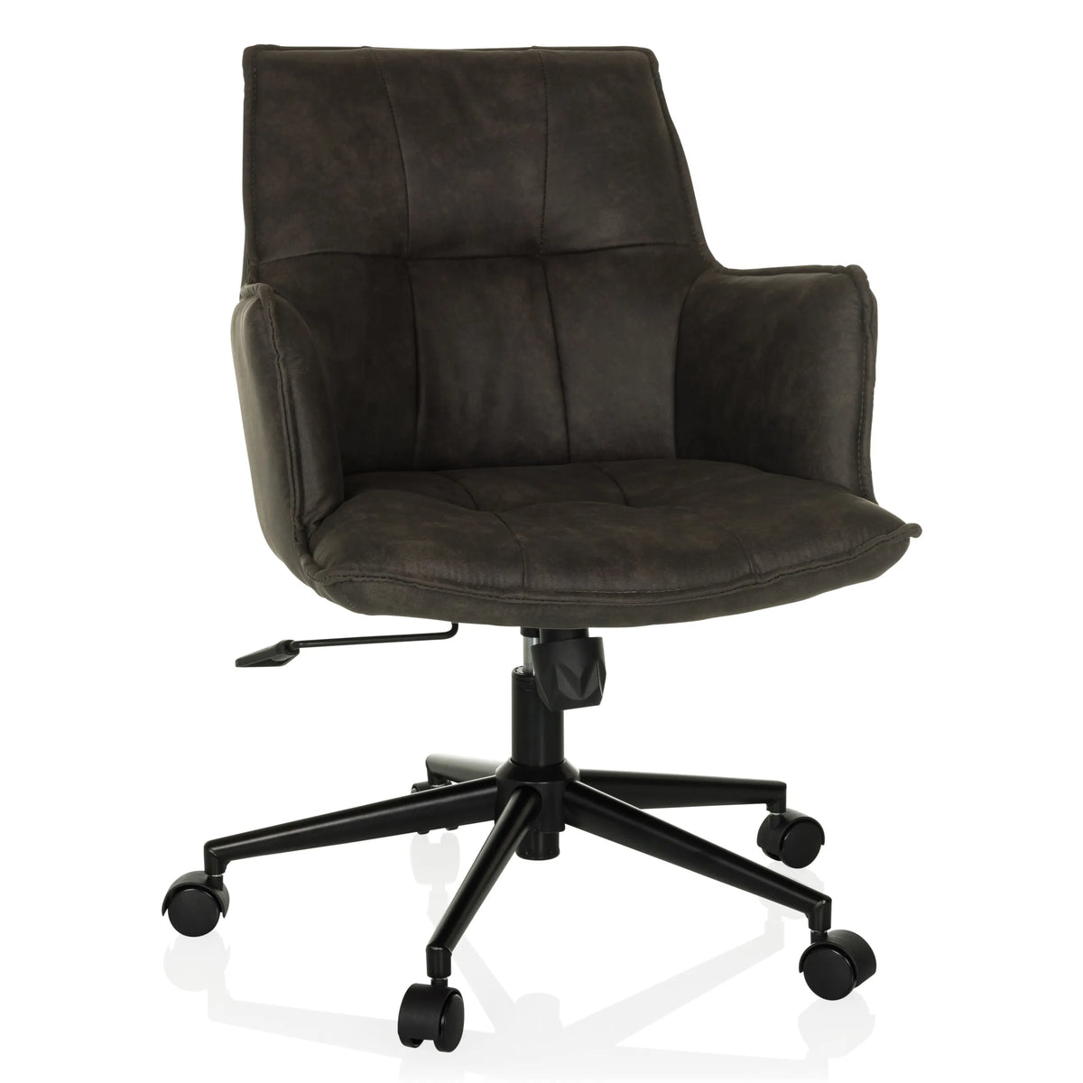 Silla Home Office SOLAO LIFE en gris oscuro con asiento acolchado y base de cinco ruedas de hjh LIVING – vista de 360° (vista frontal 15°)