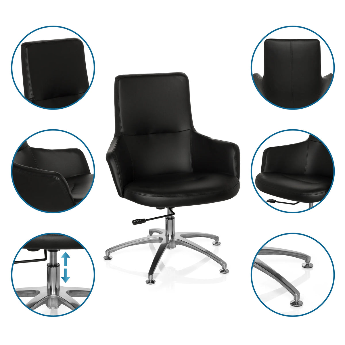 Sillón de diseño SHAKE 300 negro con base estrellada cromada y vistas detalladas del tapizado de hjh OFFICE
