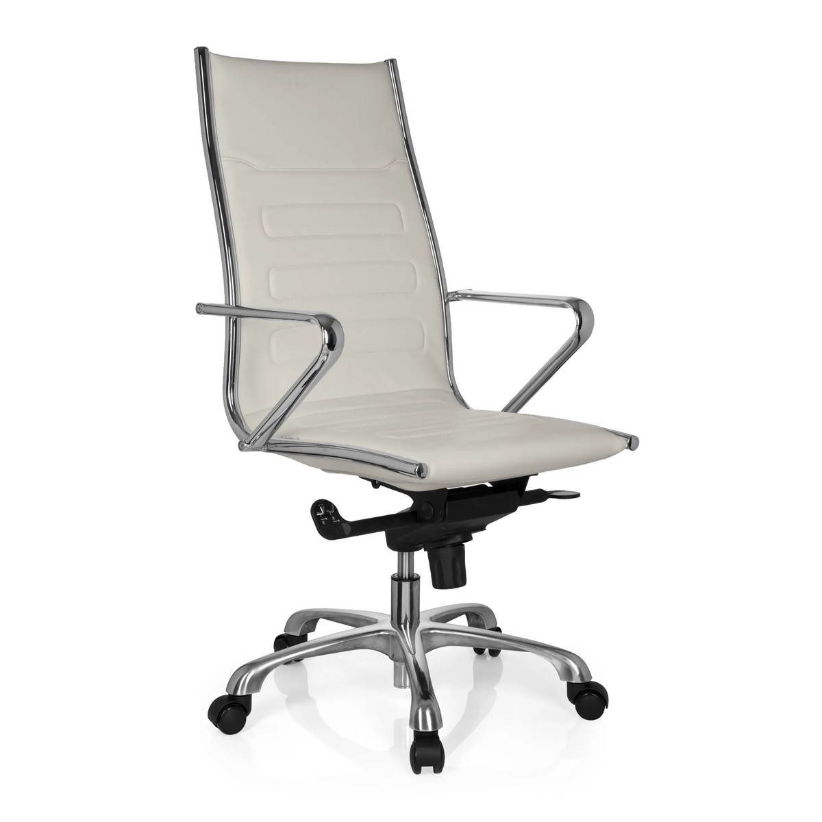 Sillón de oficina profesional PARIBA III color crema con reposabrazos y base de cinco ruedas de hjh OFFICE – vista de 360° (vista frontal en diagonal 40°)